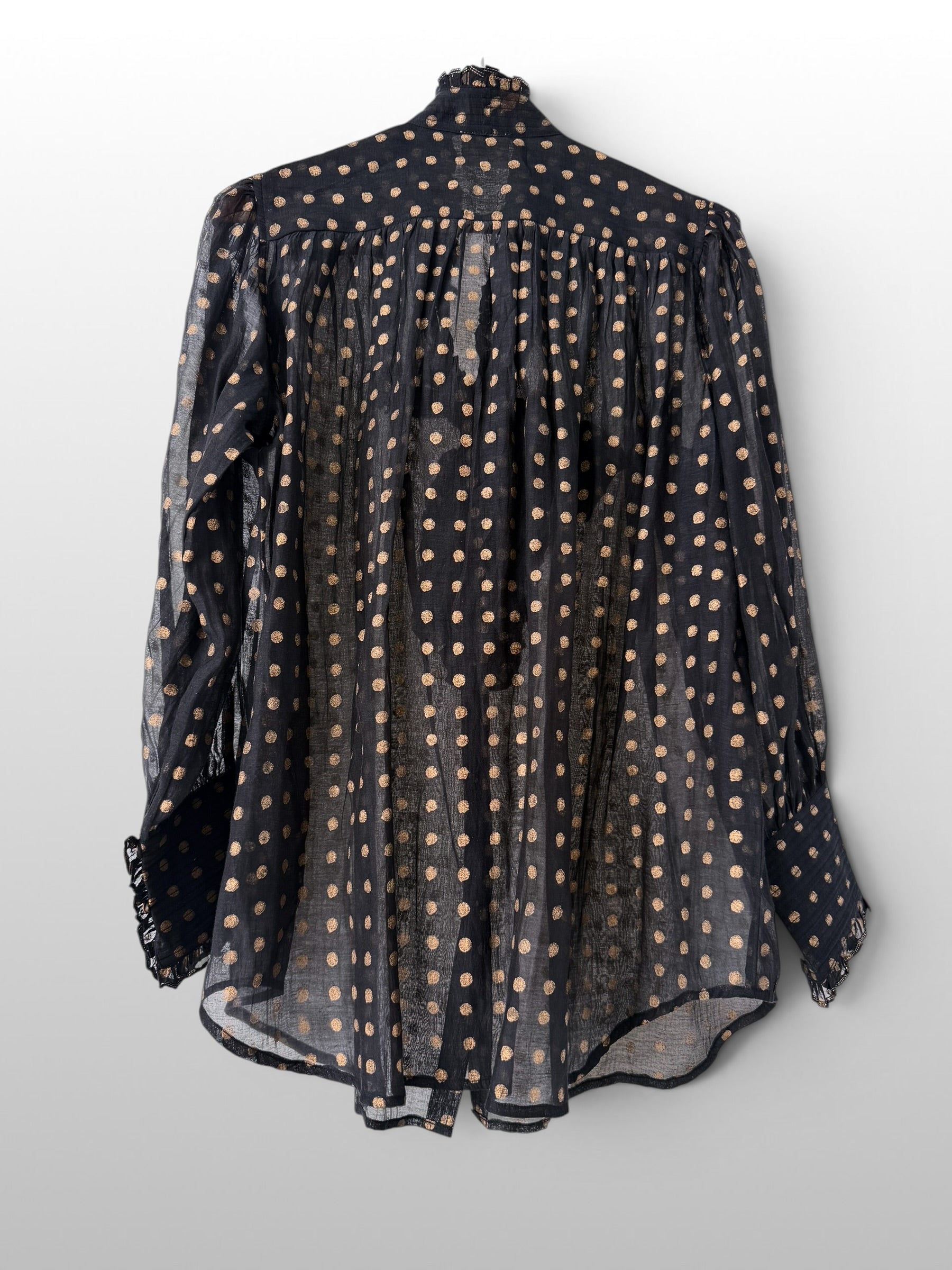 Victorian Gold printed Frill Shirt with a Tie - Black Cotton Silk Sheer Blouse