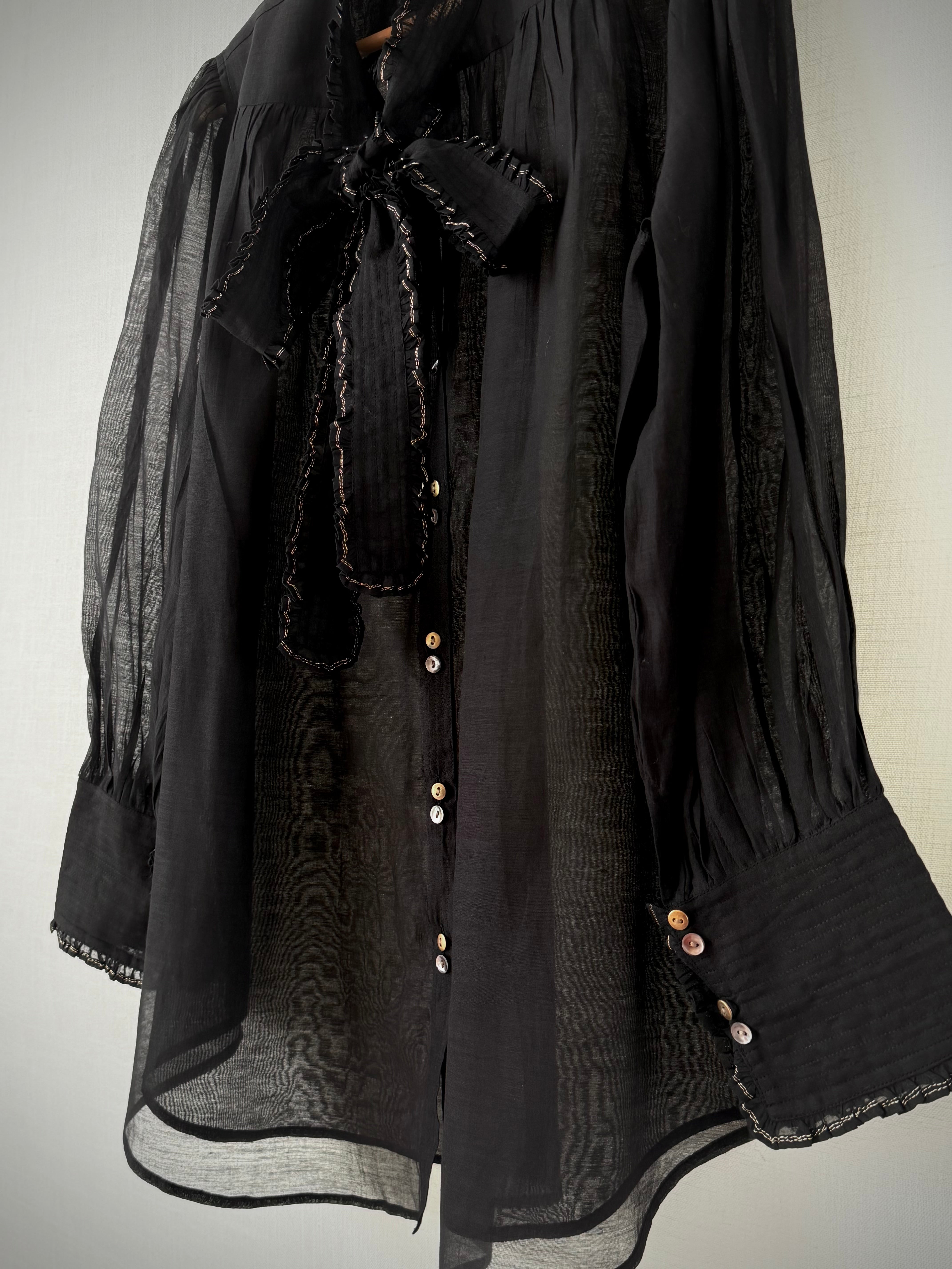 Victorian Frill Shirt with a Tie - Black Cotton Silk Sheer Blouse