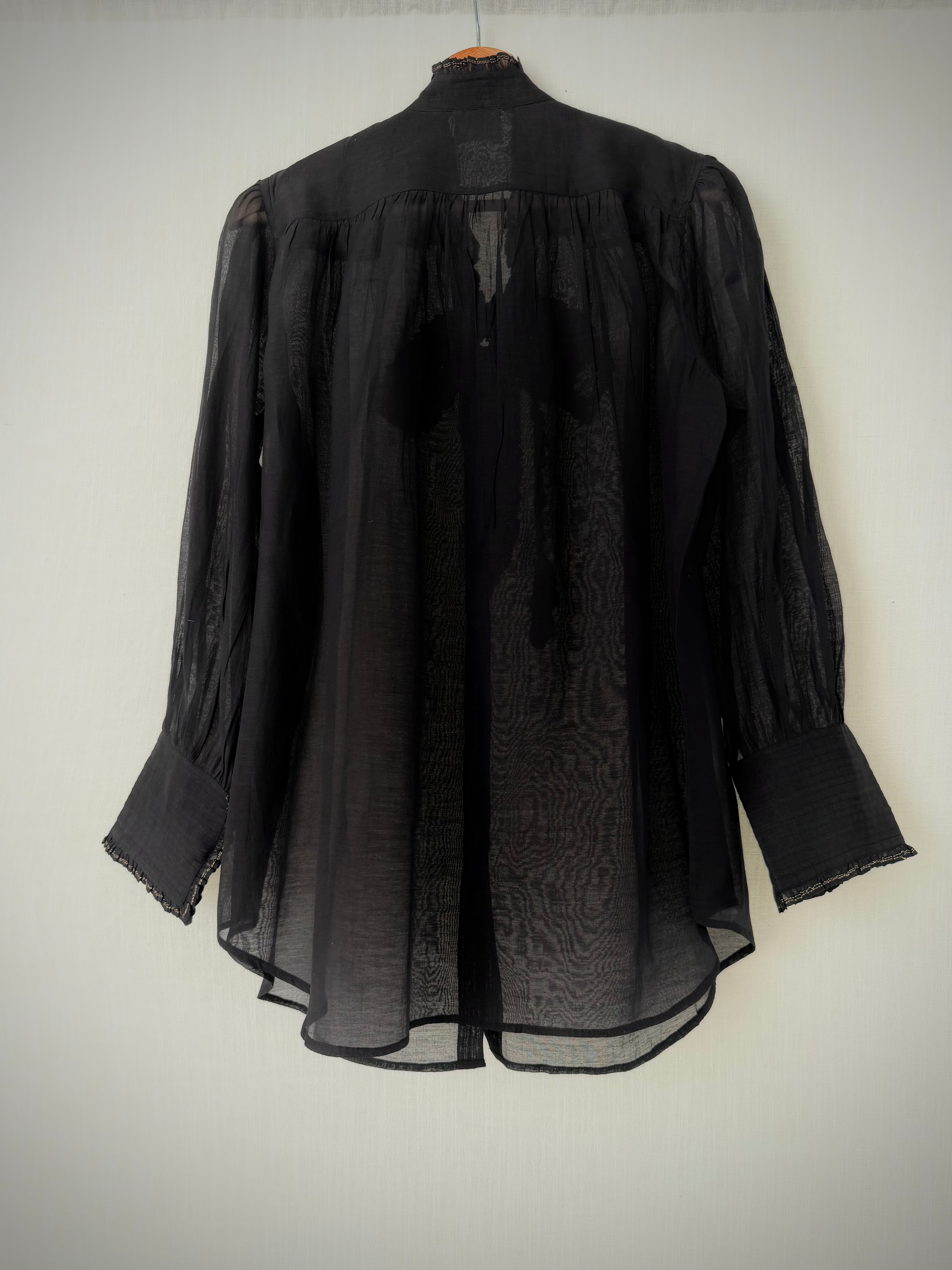 Victorian Frill Shirt with a Tie - Black Cotton Silk Sheer Blouse