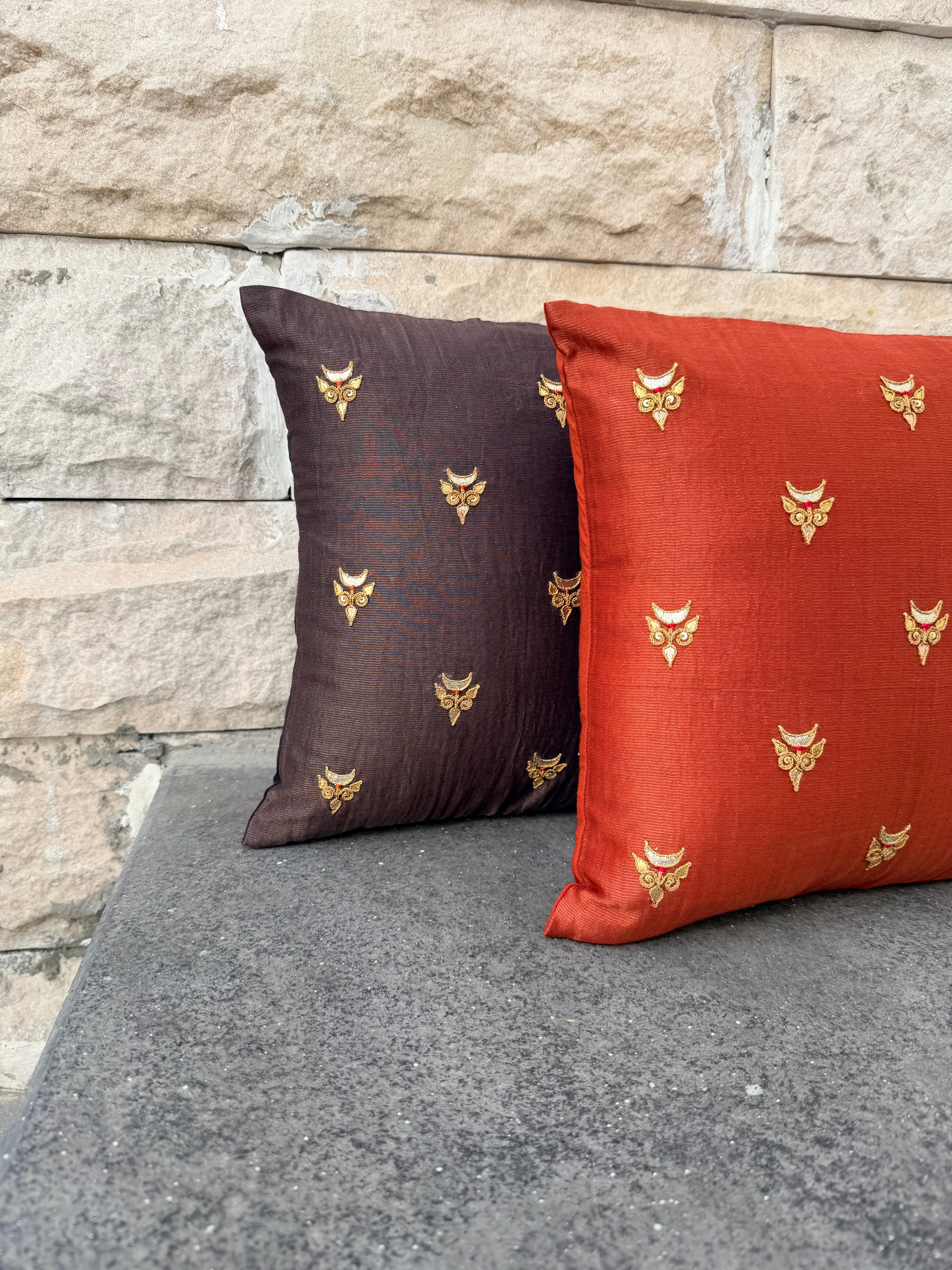 Taupe tissue Hand Embroidered GotaPatti Cotton Silk Cushion Cover