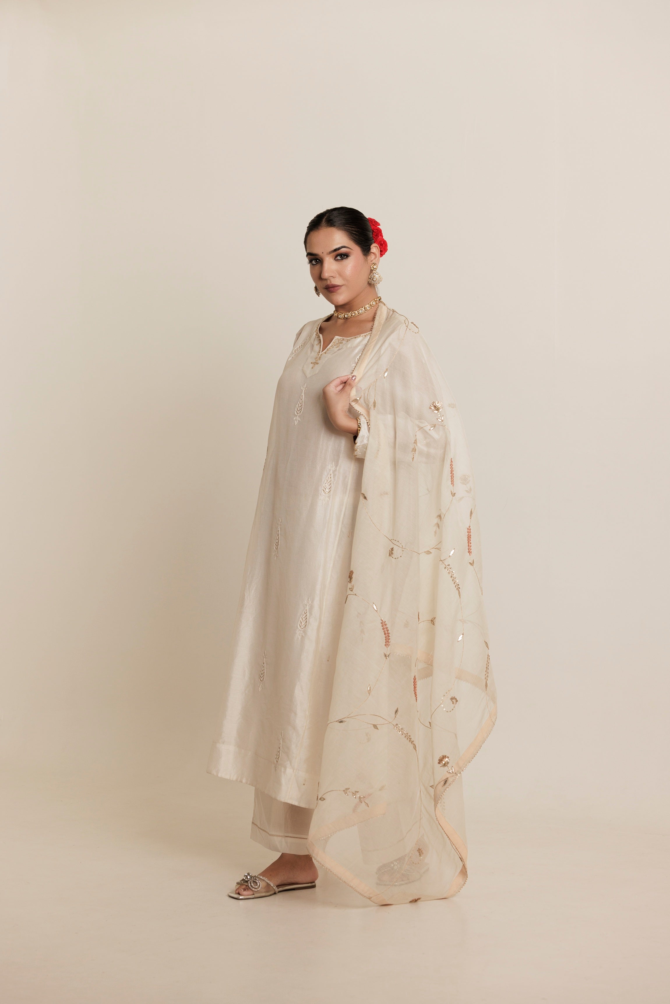 Ivory Hand Embroidered Aari Cotton Silk Kurta Set