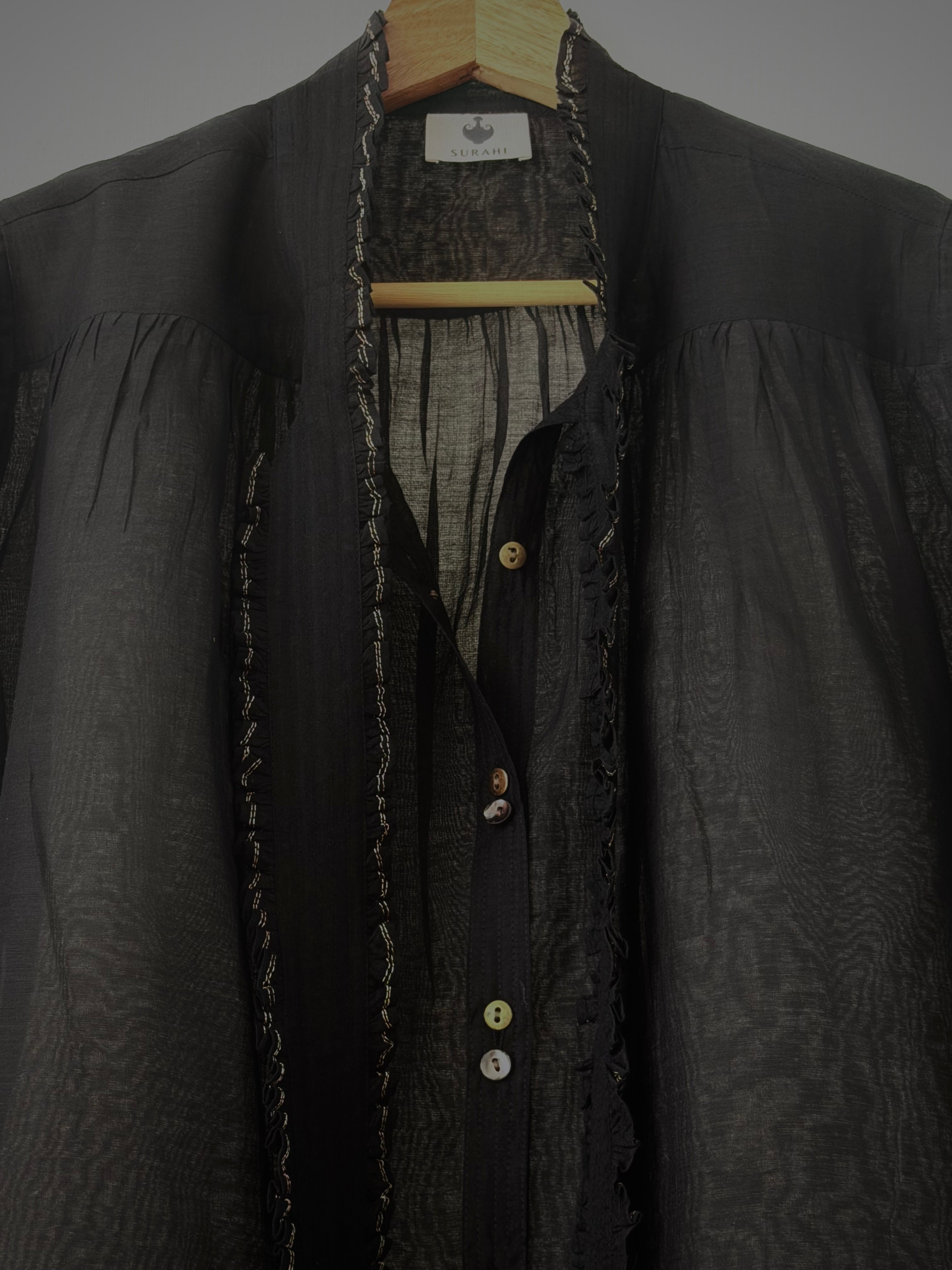 Victorian Frill Shirt with a Tie - Black Cotton Silk Sheer Blouse