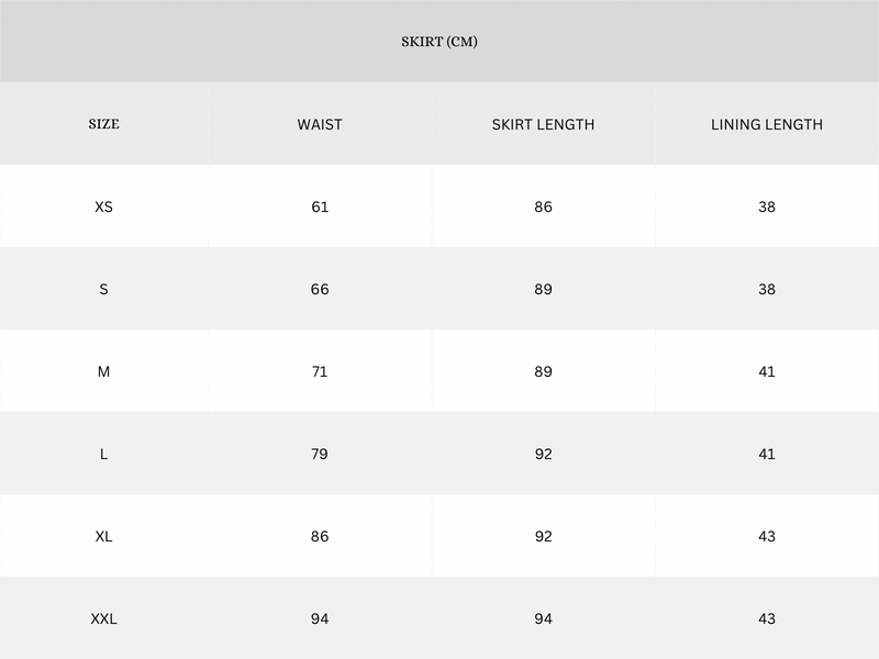 Garment Size Chart - Centimeters