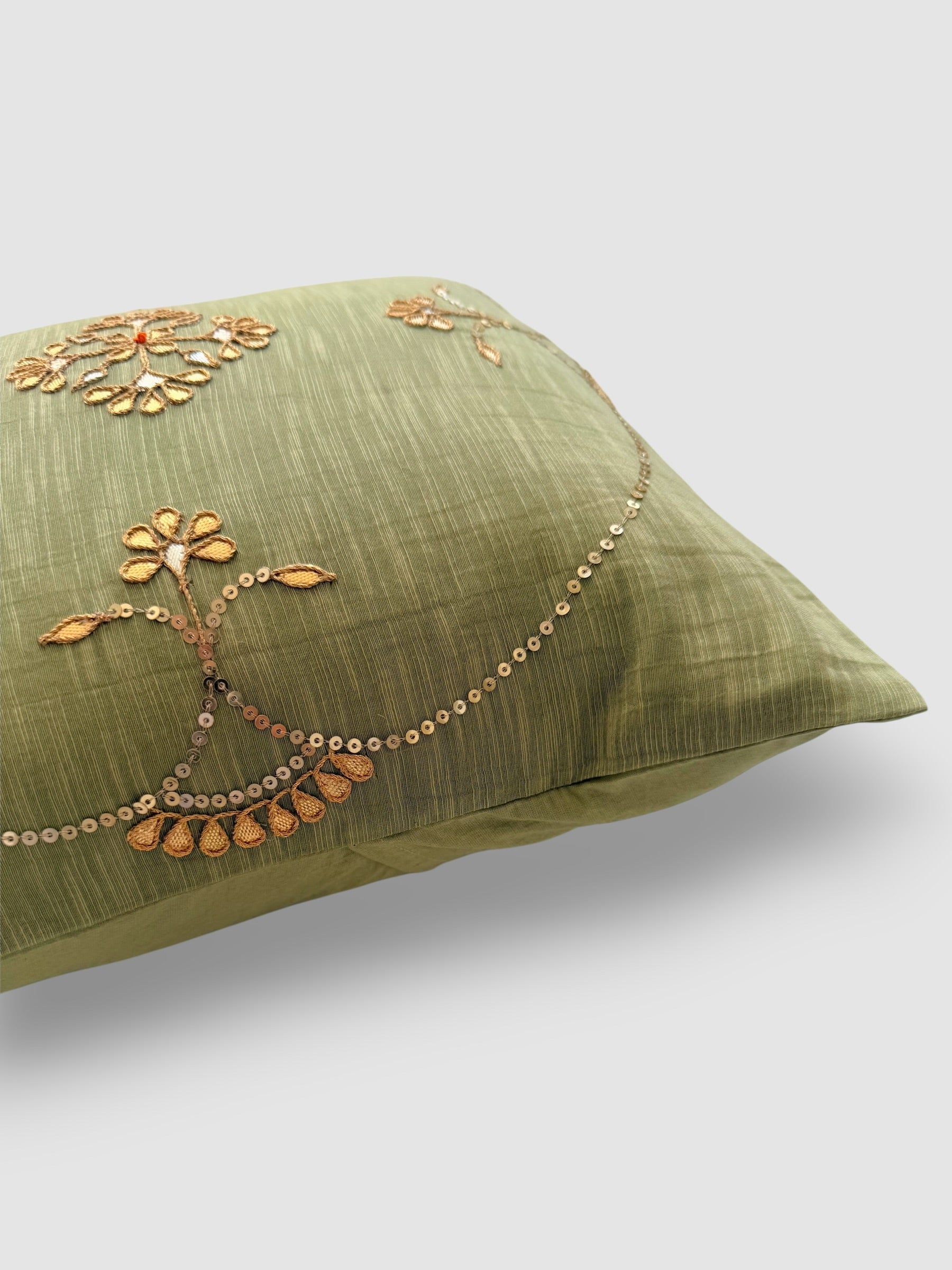 Sage green Gotapatti Cushion Cover