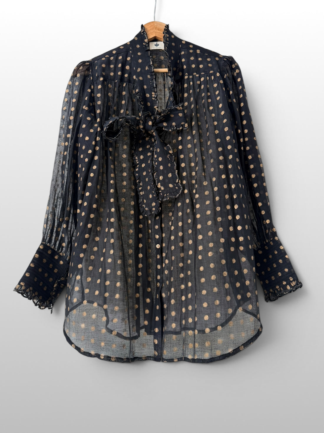 Victorian Gold printed Frill Shirt with a Tie - Black Cotton Silk Sheer Blouse