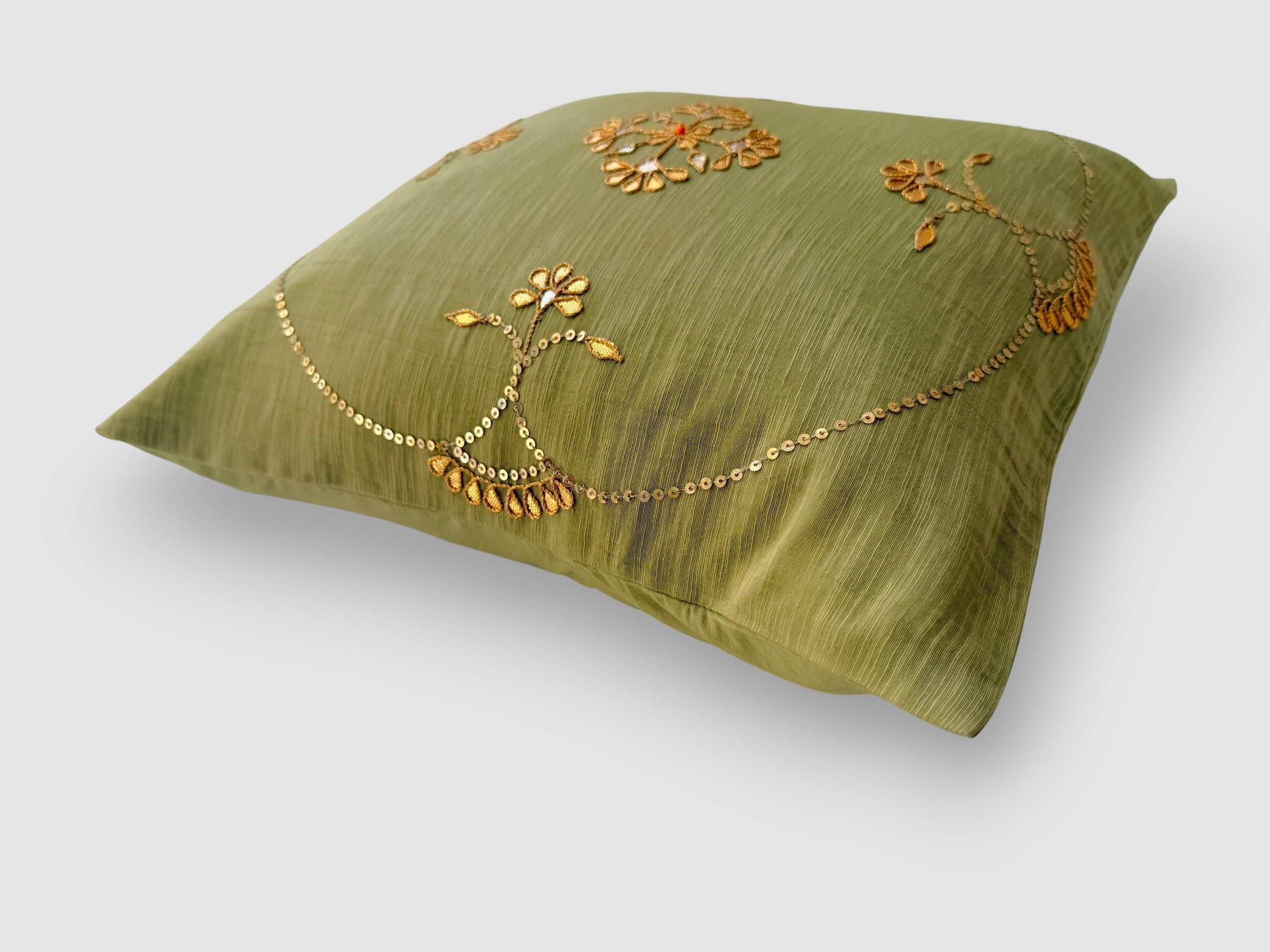 Sage green Gotapatti Cushion Cover