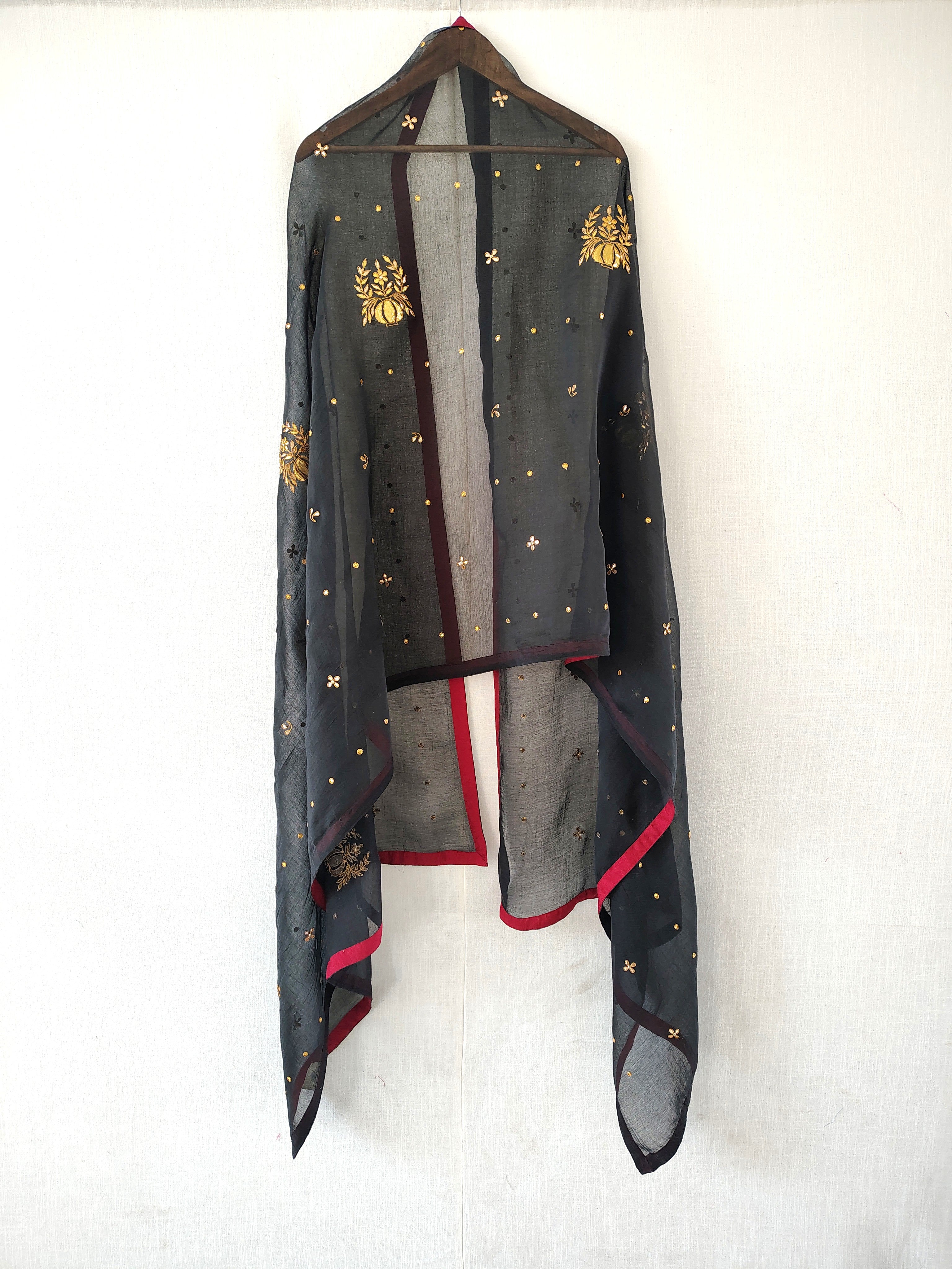 Black-Gold Chanderi Hand Embroidered Festive Dupatta