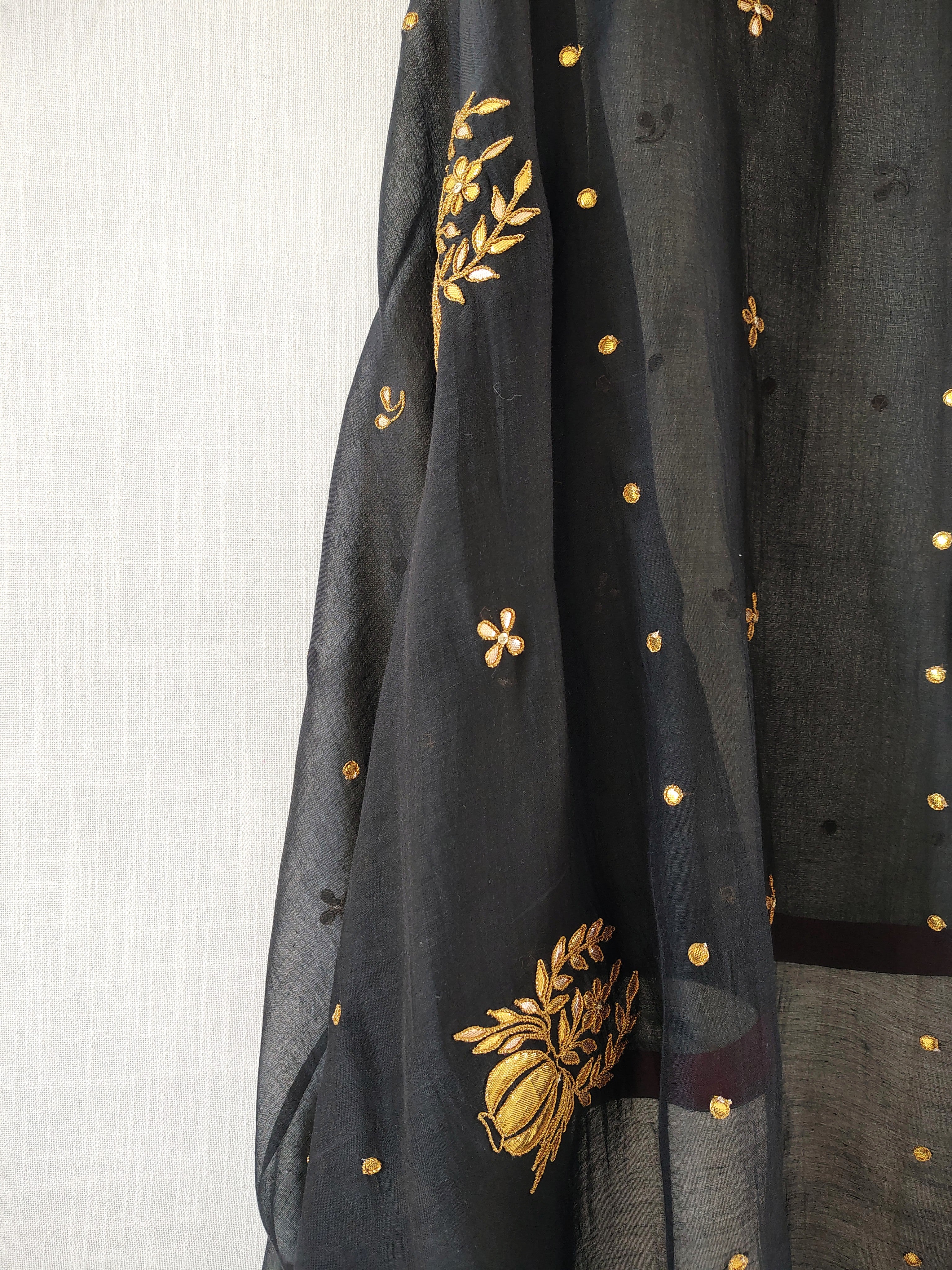 Black-Gold Chanderi Hand Embroidered Festive Dupatta