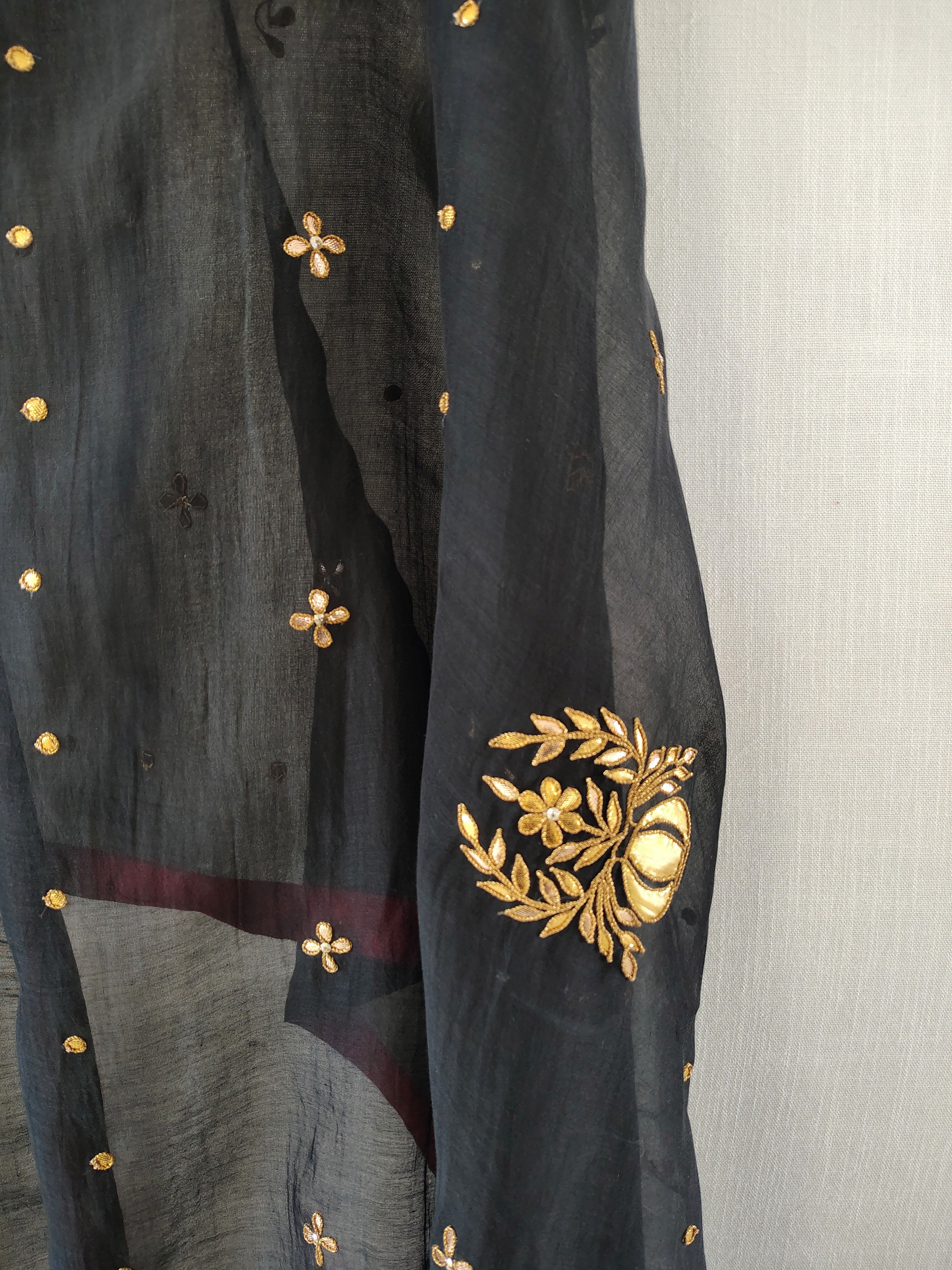 Black-Gold Chanderi Hand Embroidered Festive Dupatta