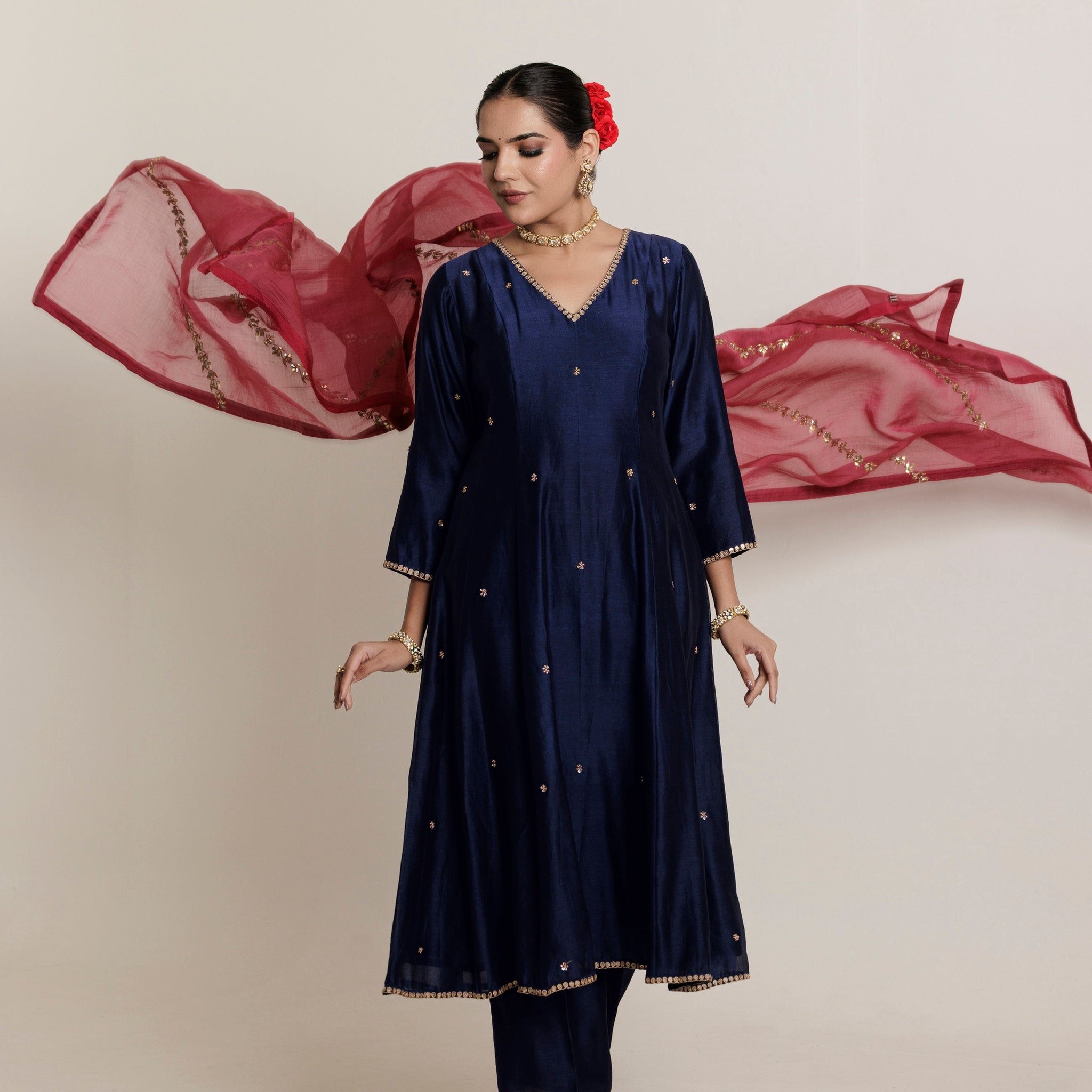 Midnight Blue Anarkali Kurta Set with Hand Marori Work