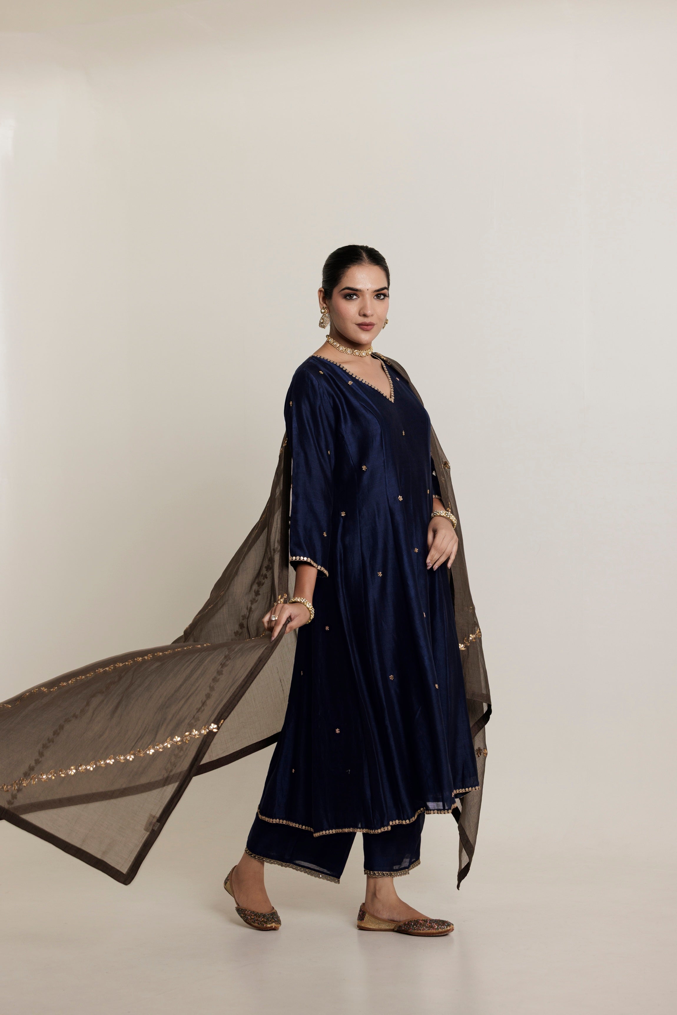 Midnight Blue Anarkali Kurta Set with Hand Marori Work