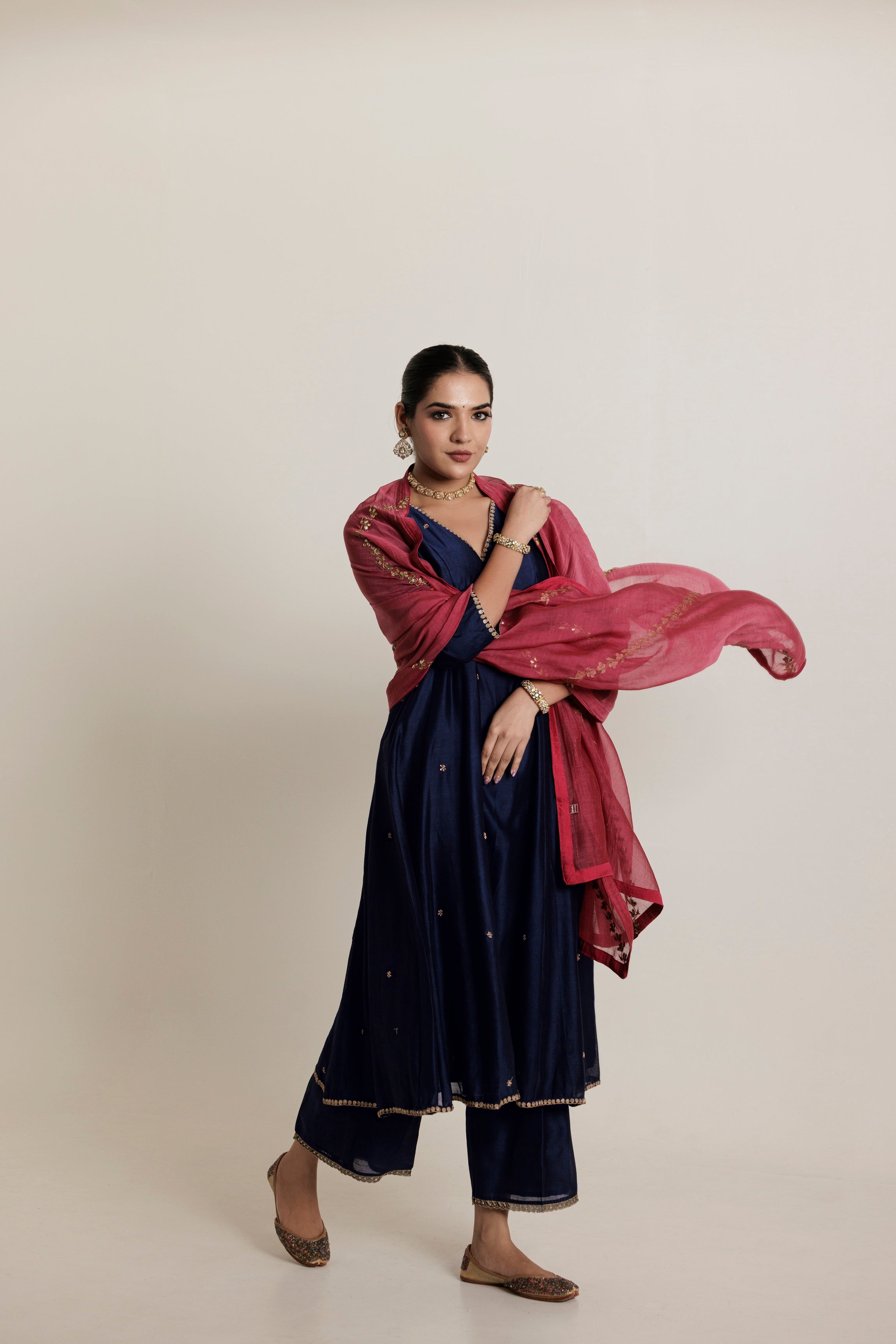 Midnight Blue Anarkali Kurta Set with Hand Marori Work