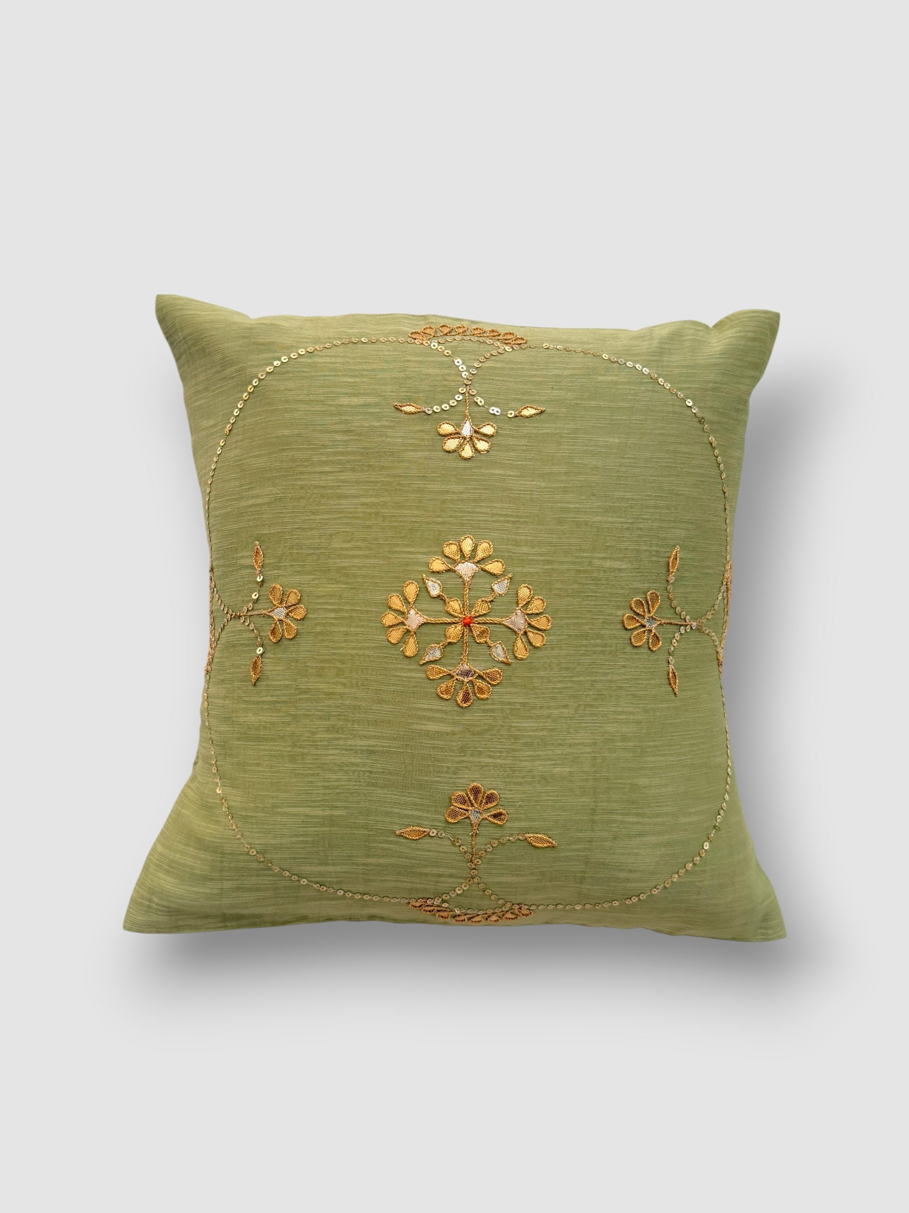 Sage green Gotapatti Cushion Cover
