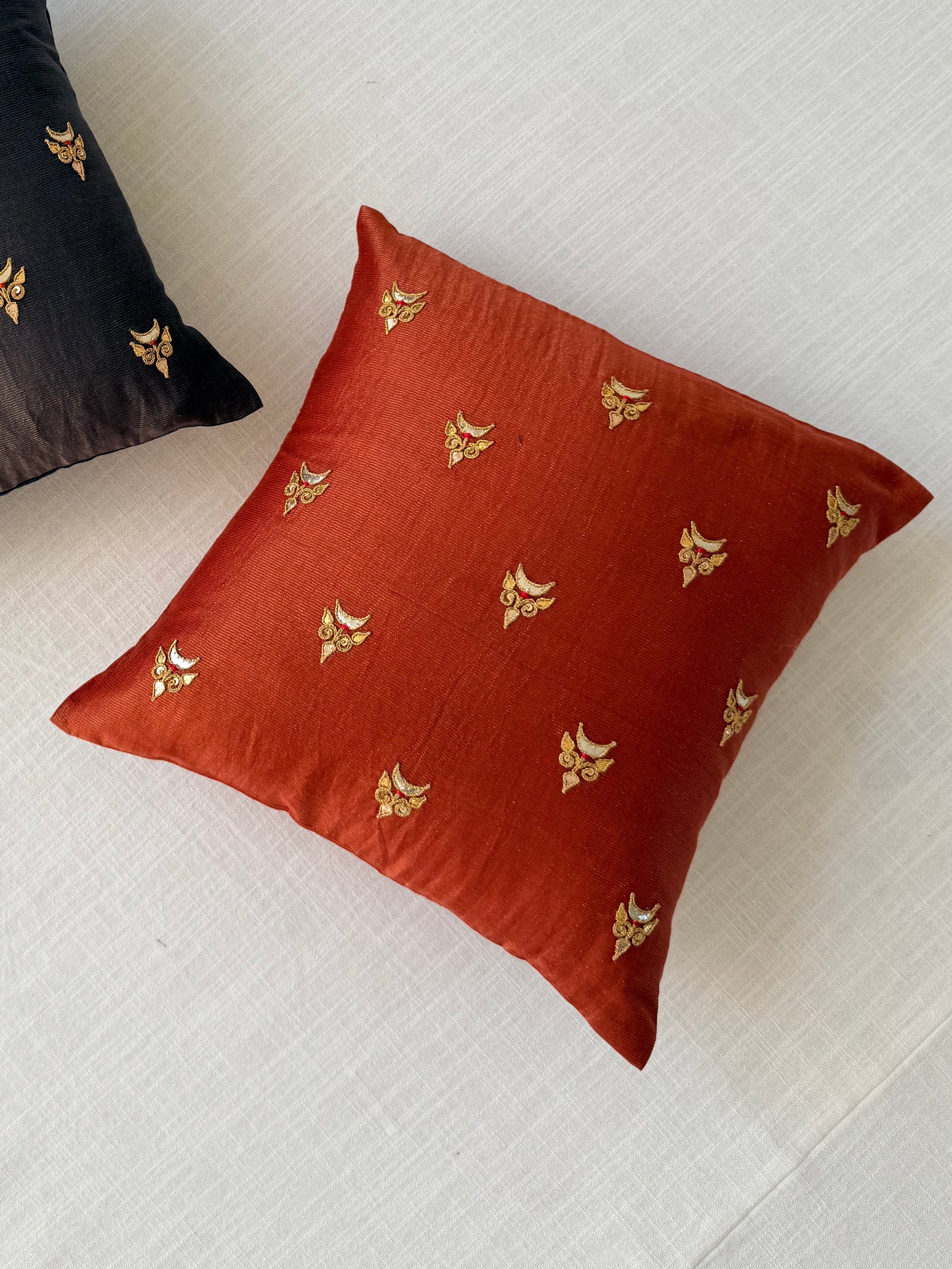 Rust tissue Hand Embroidered GotaPatti Cotton Silk Cushion Cover