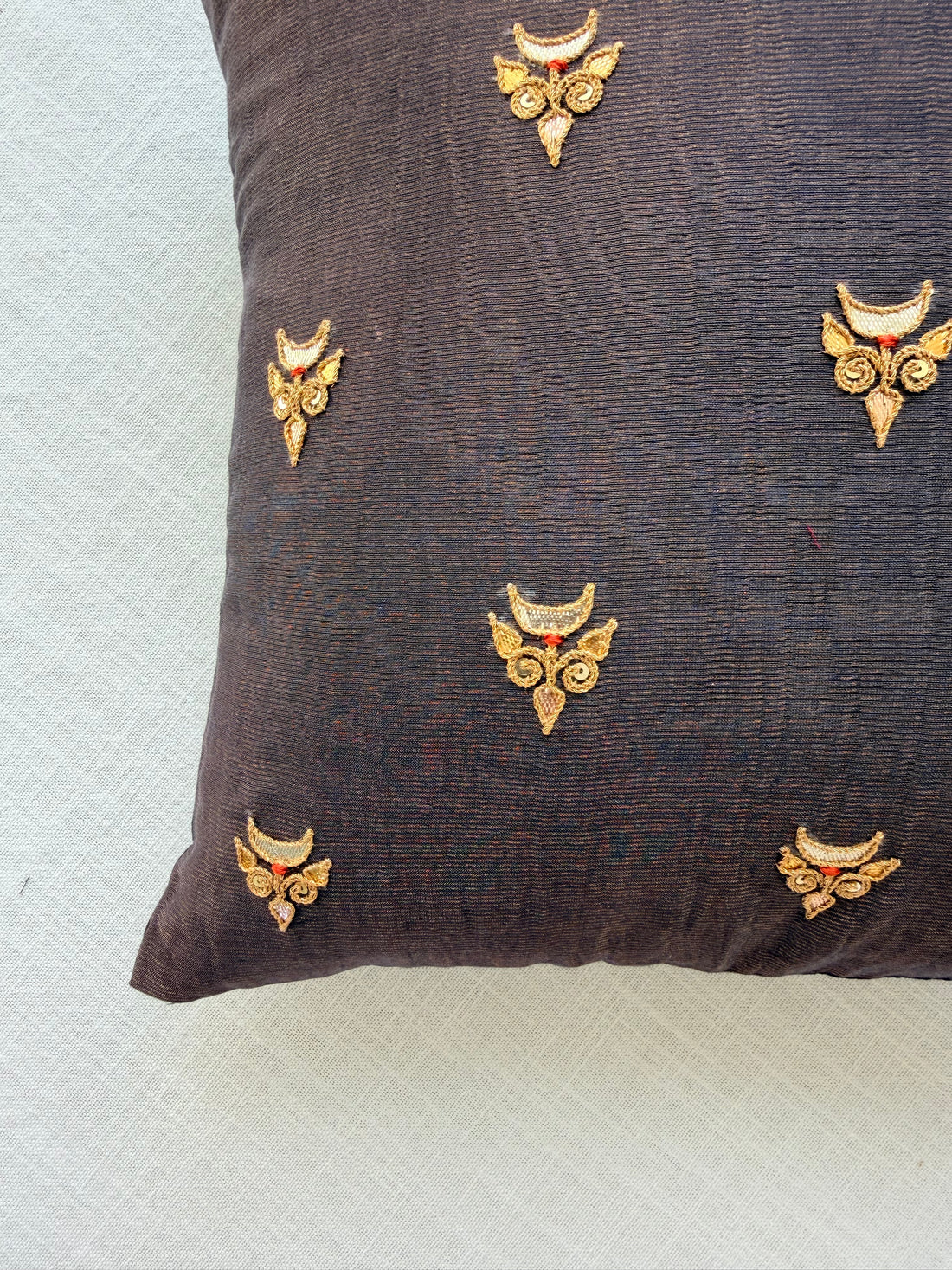 Taupe tissue Hand Embroidered GotaPatti Cotton Silk Cushion Cover