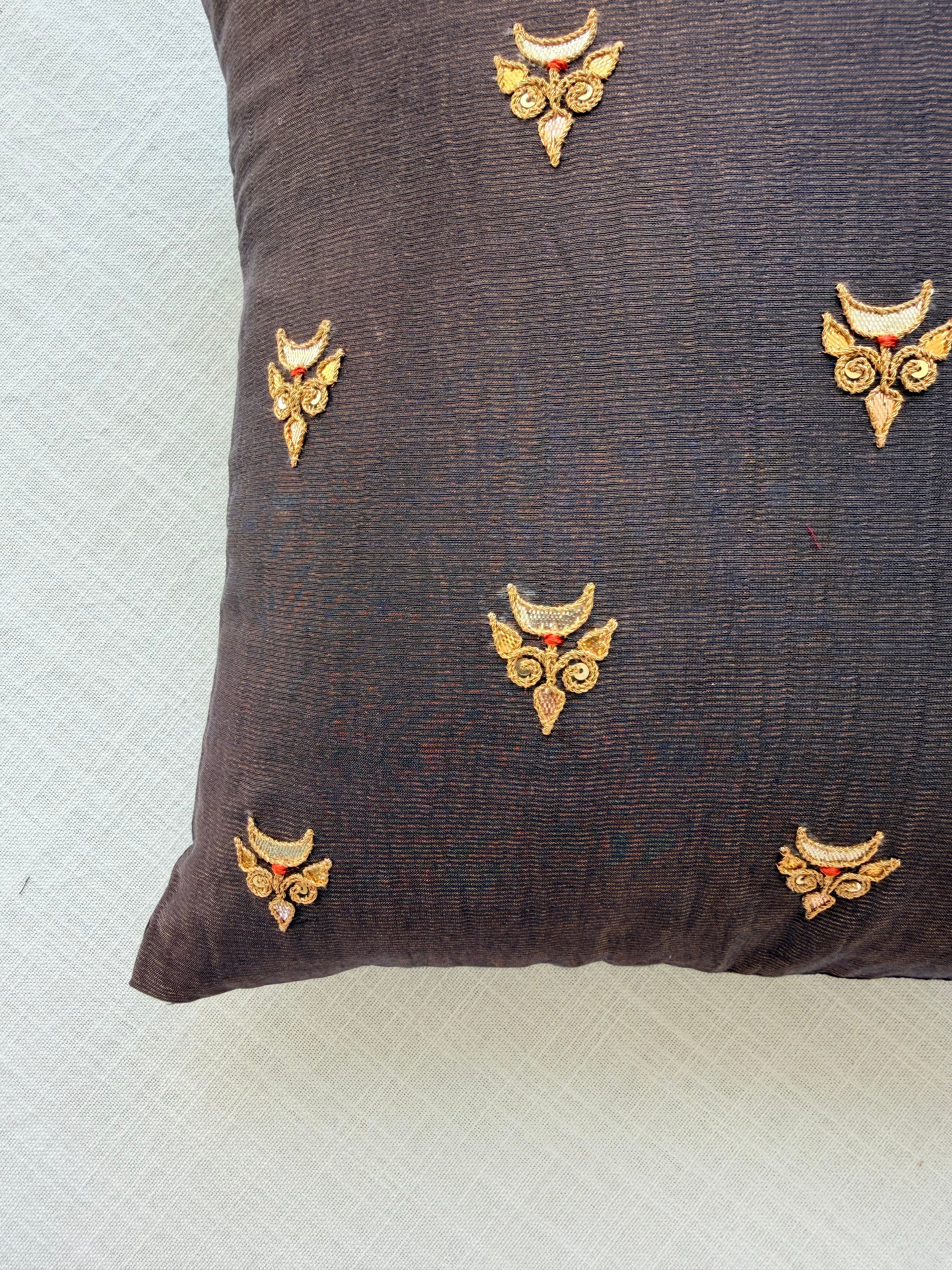Taupe tissue Hand Embroidered GotaPatti Cotton Silk Cushion Cover
