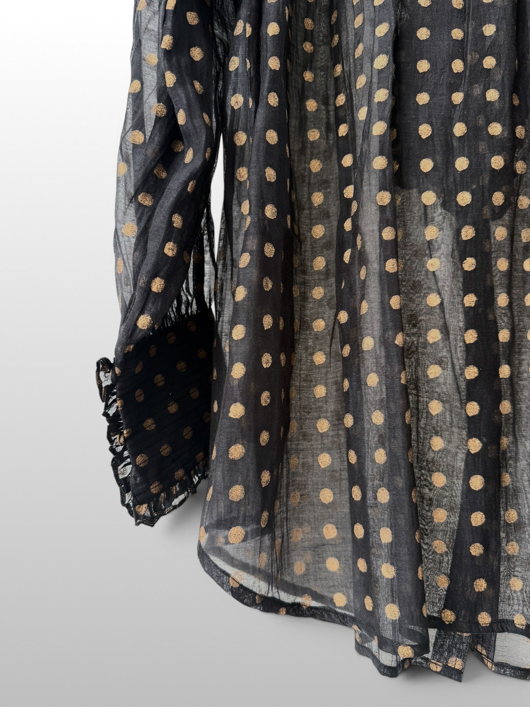 Victorian Gold printed Frill Shirt with a Tie - Black Cotton Silk Sheer Blouse