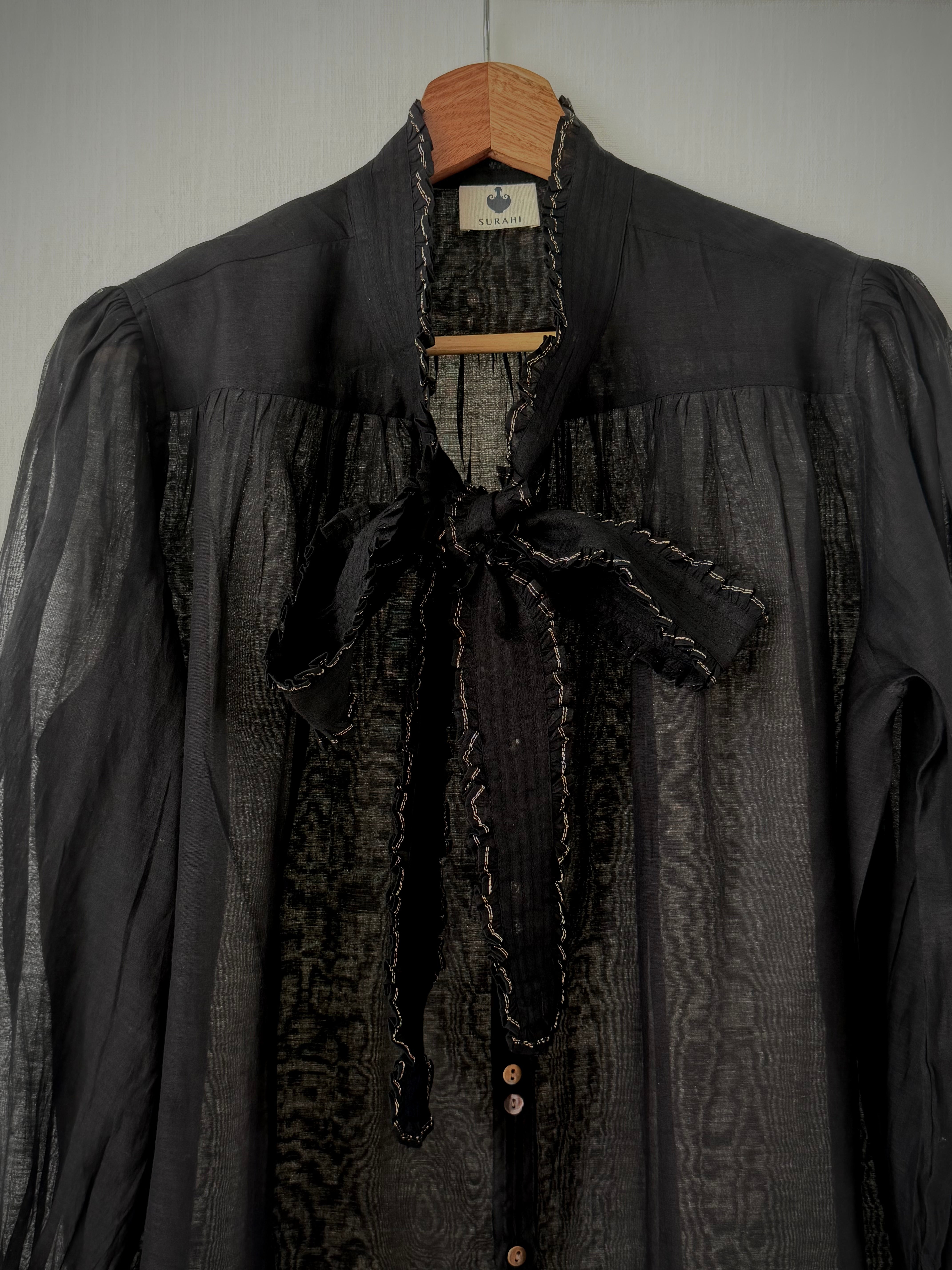Victorian Frill Shirt with a Tie - Black Cotton Silk Sheer Blouse