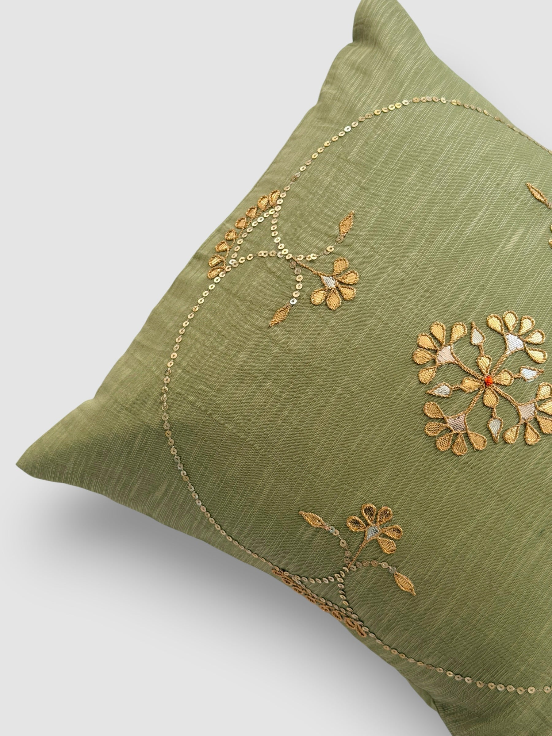 Sage green Gotapatti Cushion Cover
