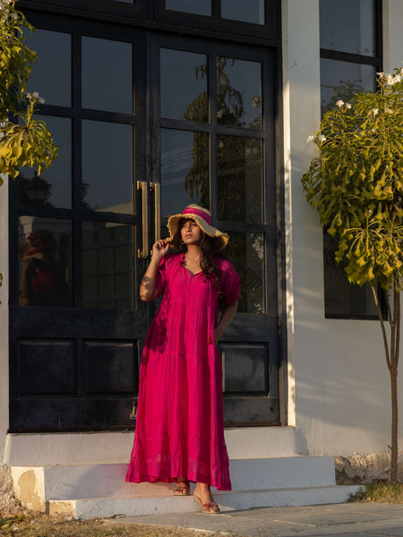 Pink Chanderi Tiered Dress