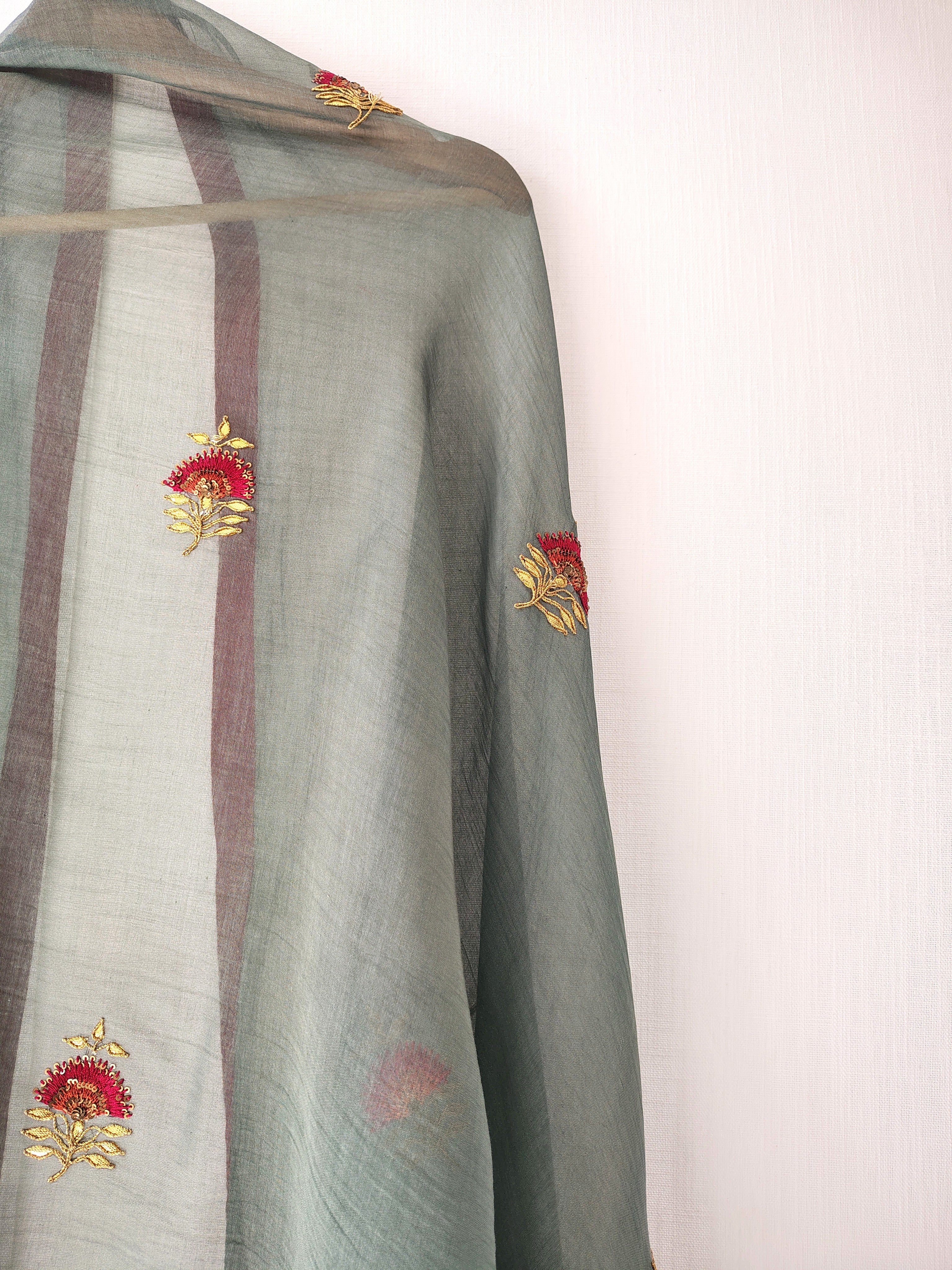 Festive Hand Thread Embroidery Gota Patti Dupatta Chanderi