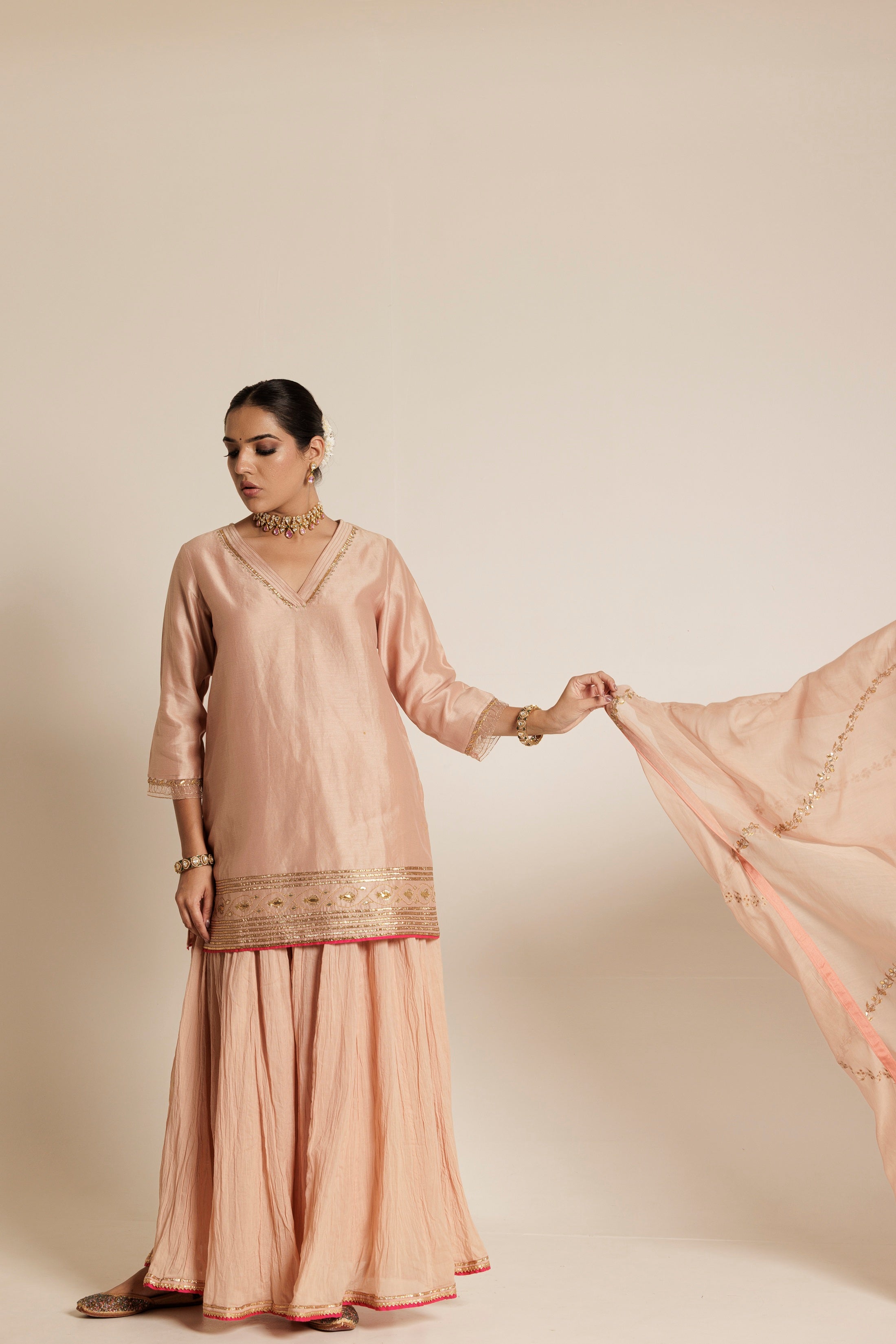 Pale Pink Aari Gota-Patti Chanderi Garara Set