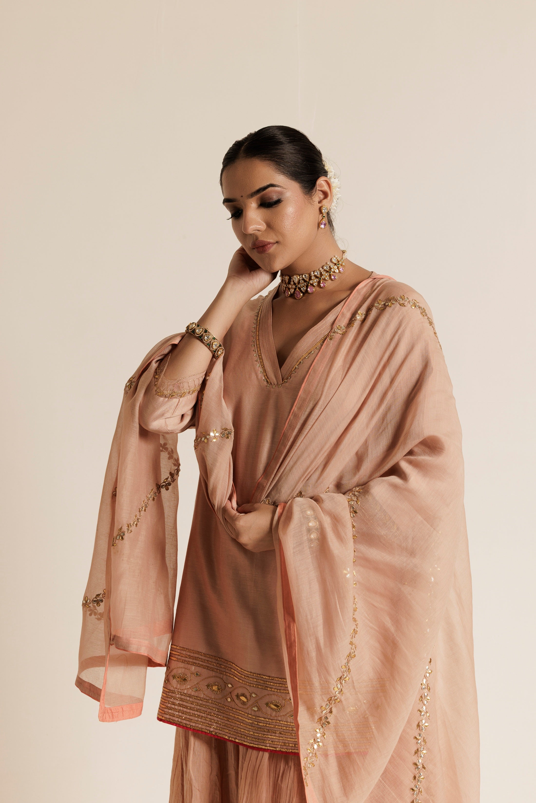 Pale Pink Aari Gota-Patti Chanderi Garara Set