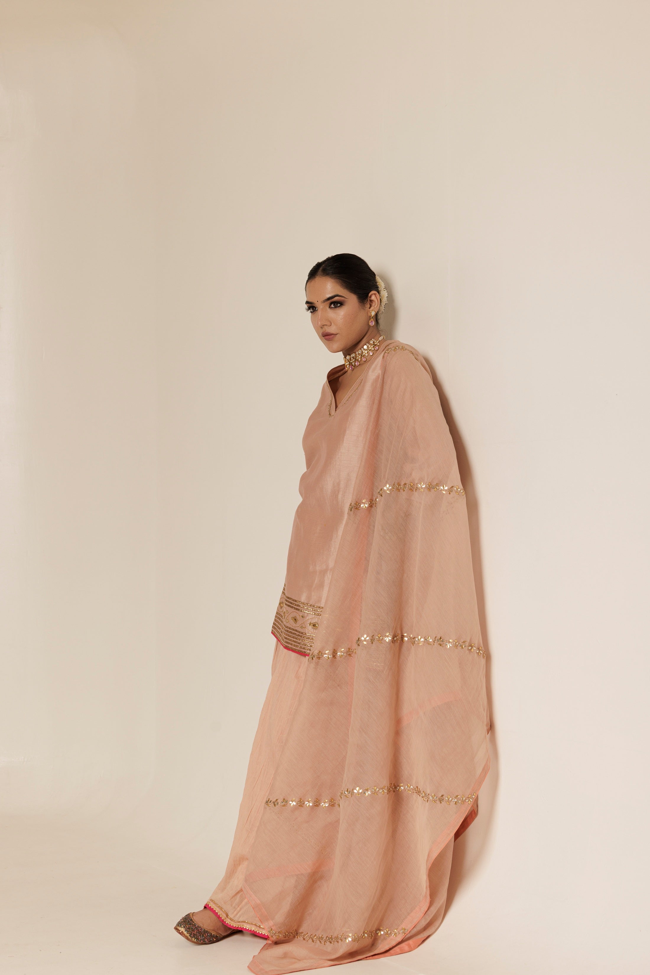 Pale Pink Aari Gota-Patti Chanderi Garara Set