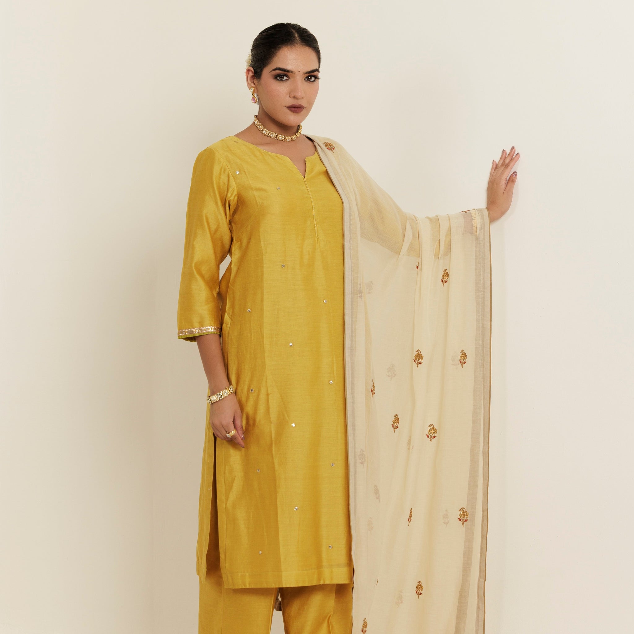 Sand Yellow Gota Patti Embroidered Chanderi Kurta Set