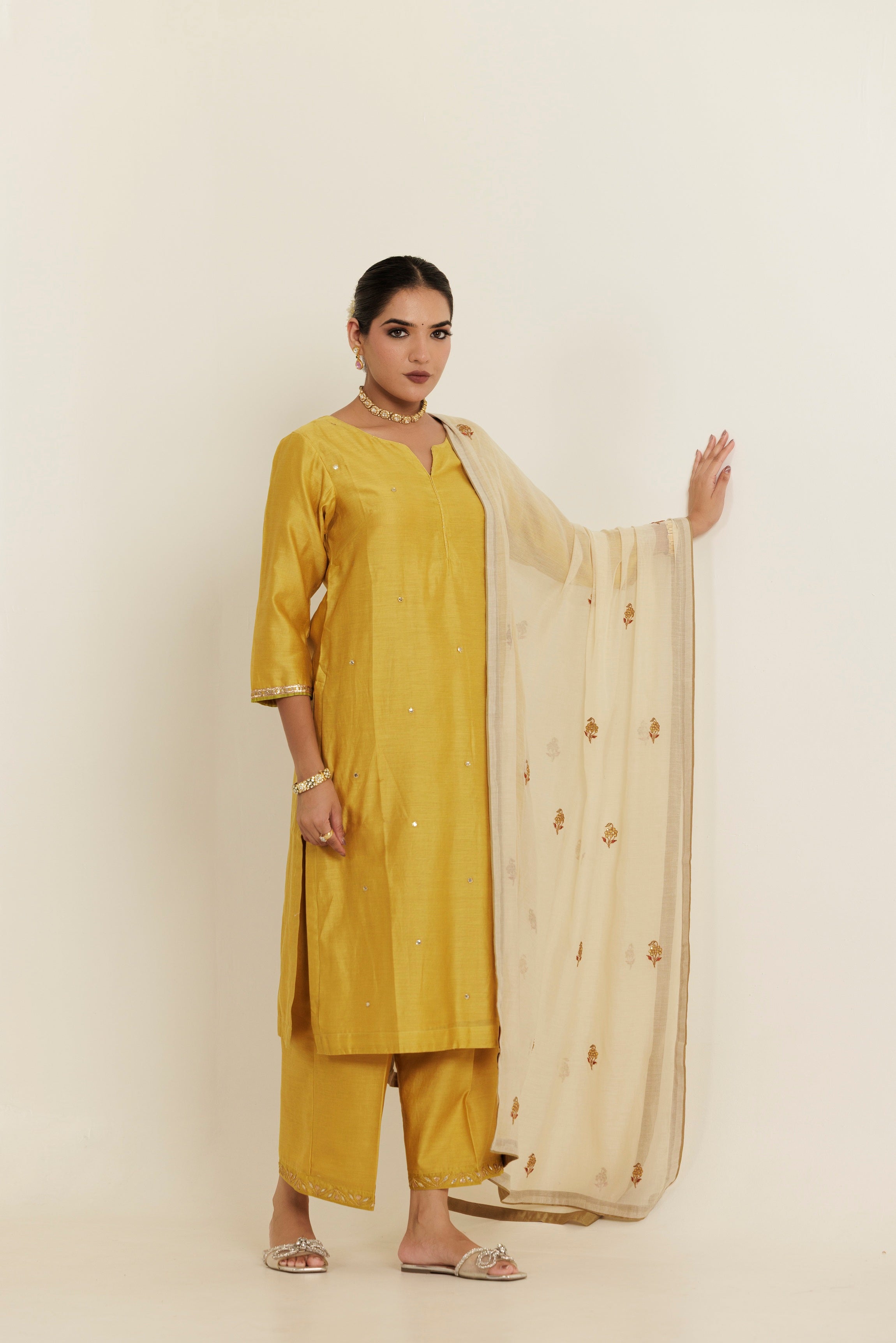 Sand Yellow Gota Patti Embroidered Chanderi Kurta Set