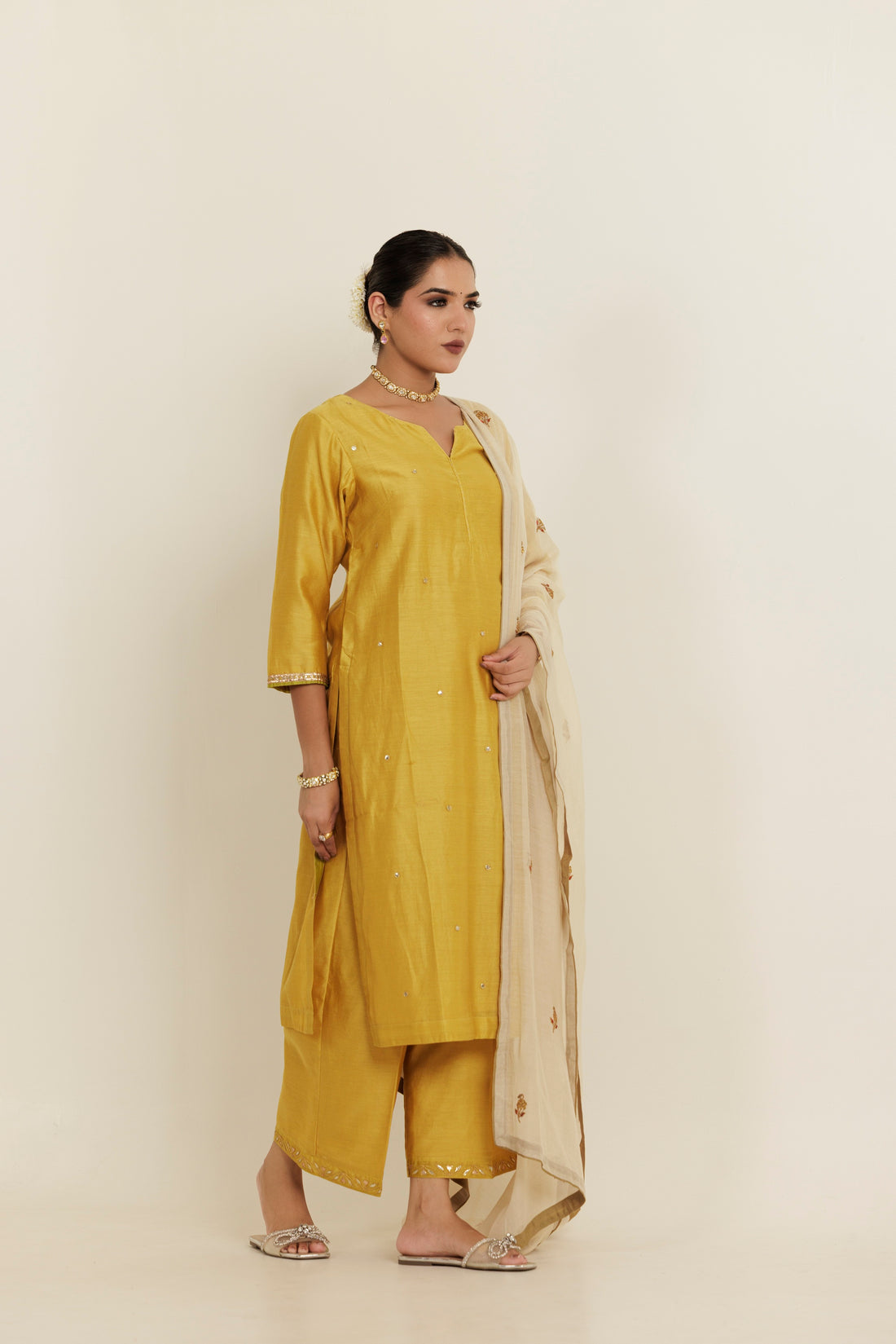 Sand Yellow Gota Patti Embroidered Chanderi Kurta Set
