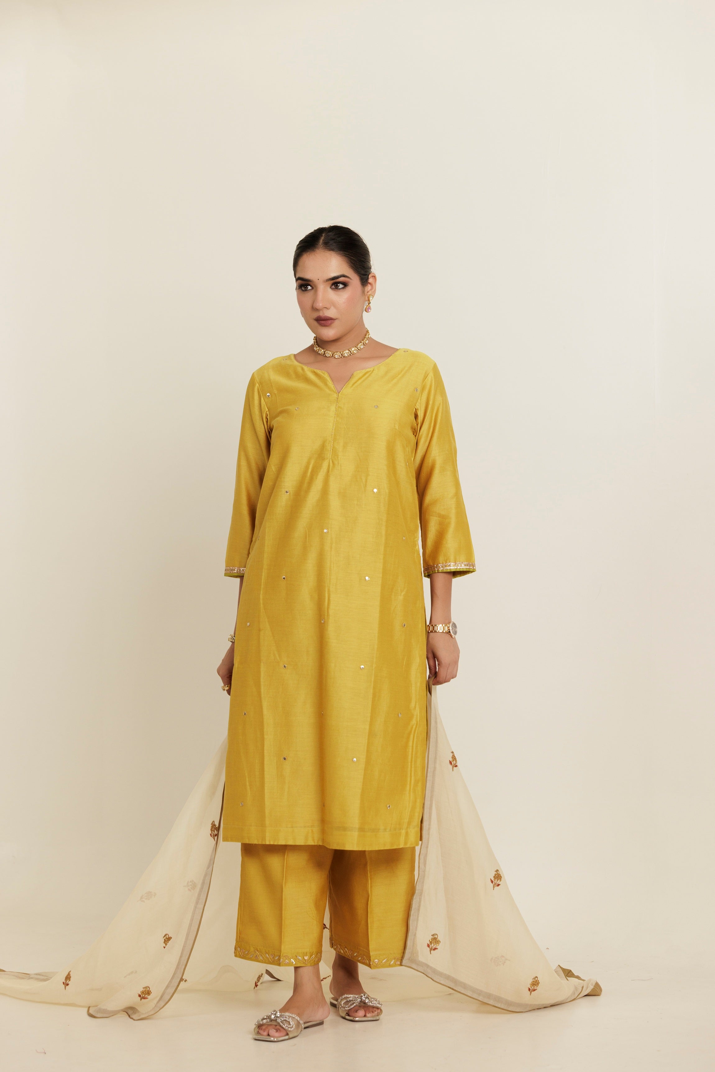 Sand Yellow Gota Patti Embroidered Chanderi Kurta Set