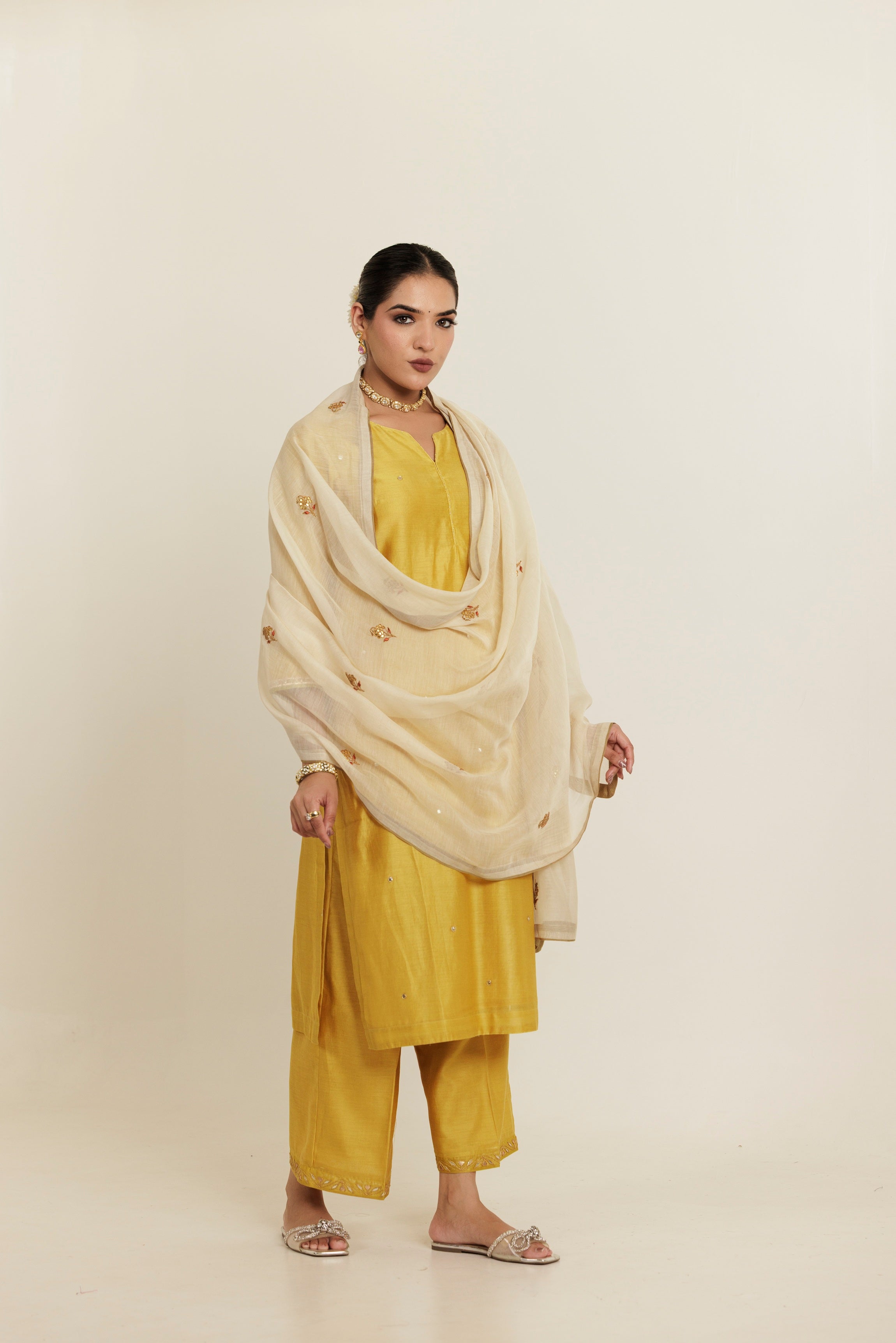 Sand Yellow Gota Patti Embroidered Chanderi Kurta Set