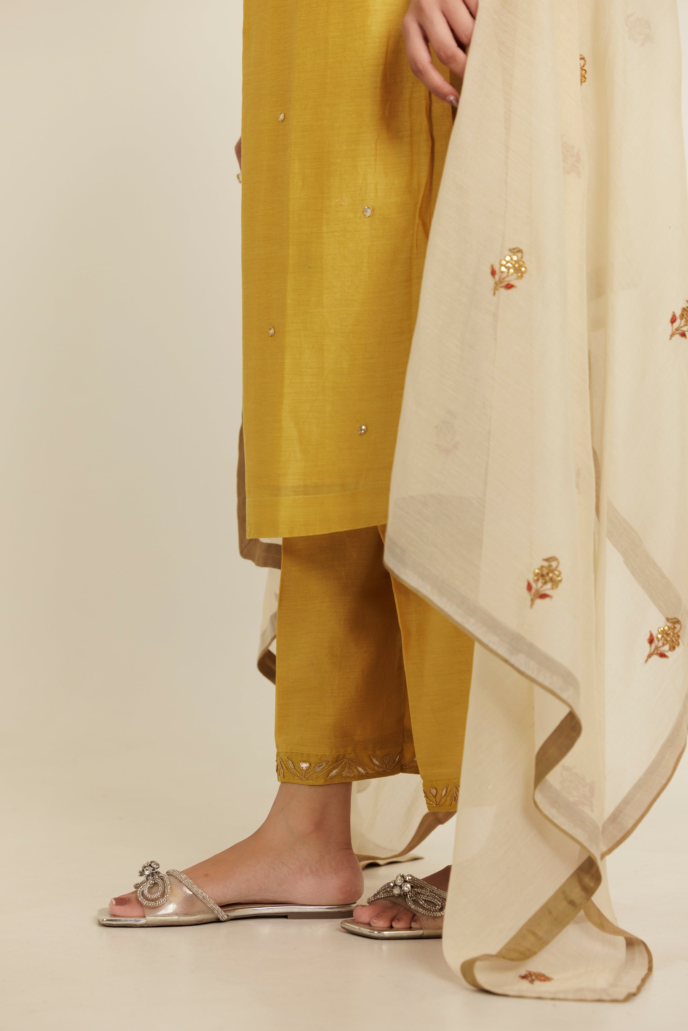 Sand Yellow Gota Patti Embroidered Chanderi Kurta Set