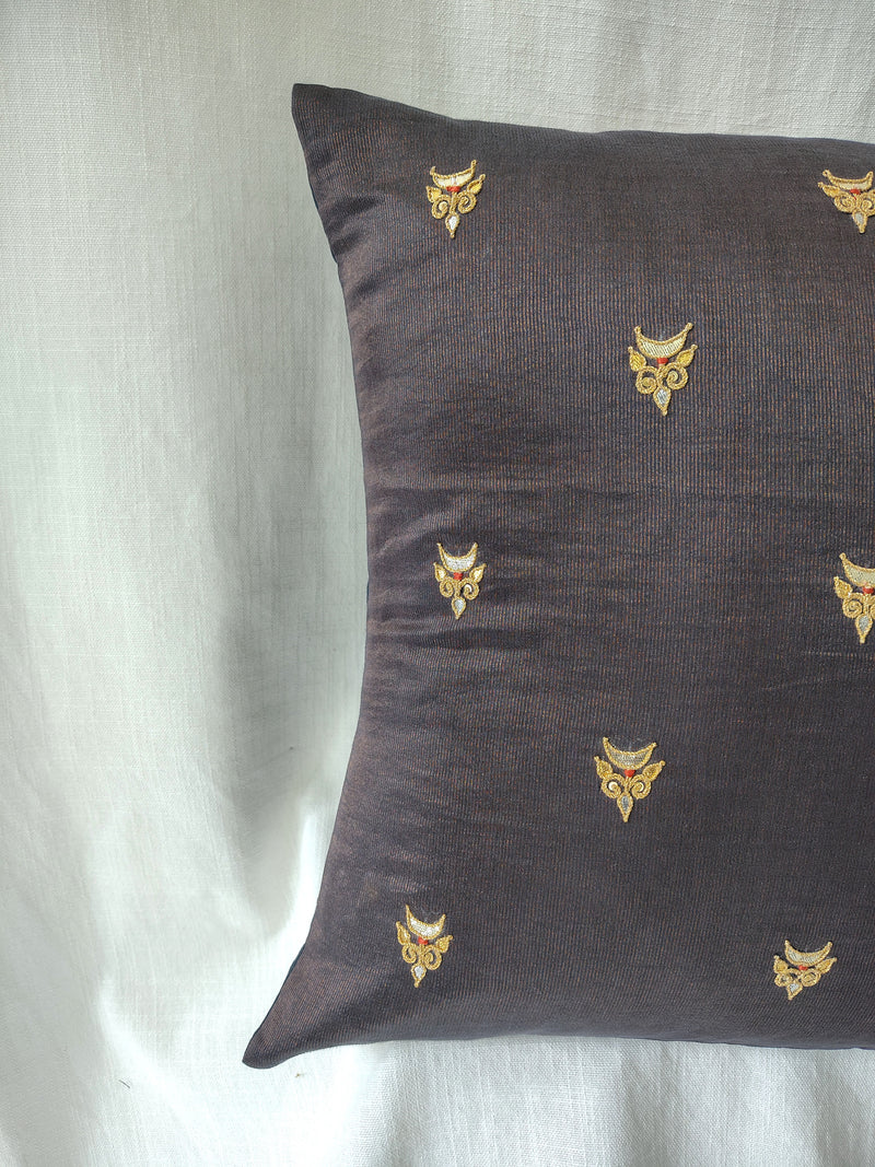 Gold Brown Gota Patti Hand Embroidery Cotton Silk Cushion Covers
