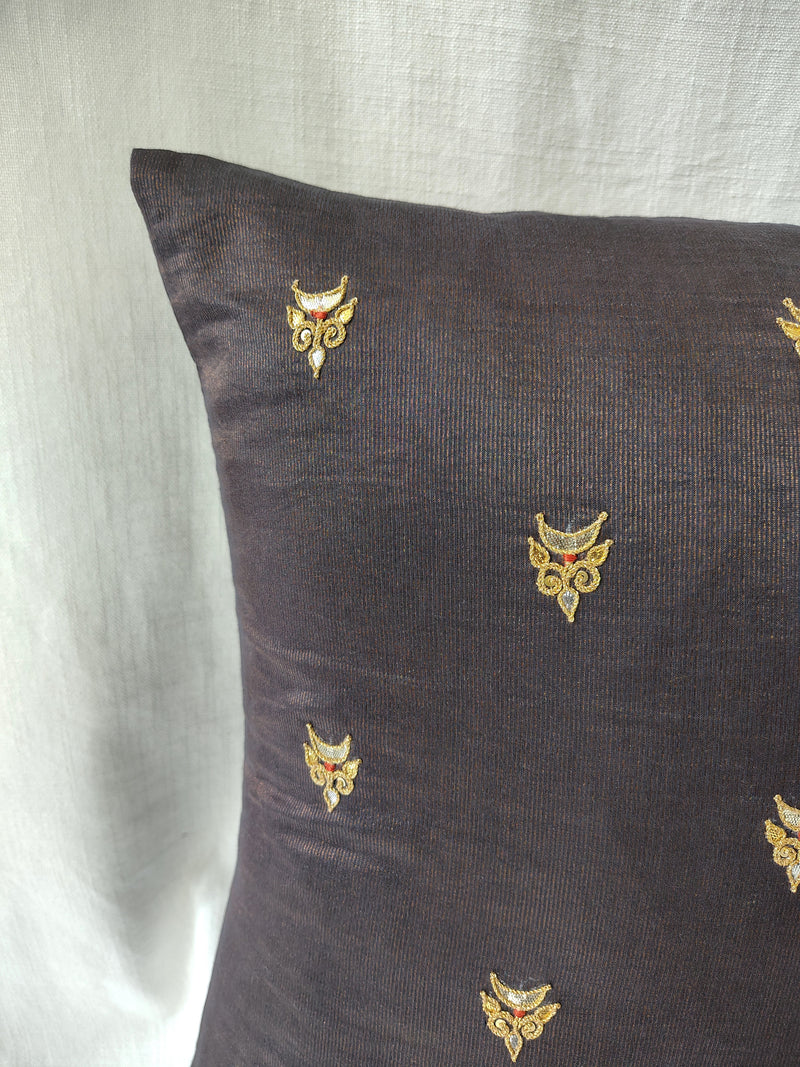 Gold Brown Gota Patti Hand Embroidery Cotton Silk Cushion Covers