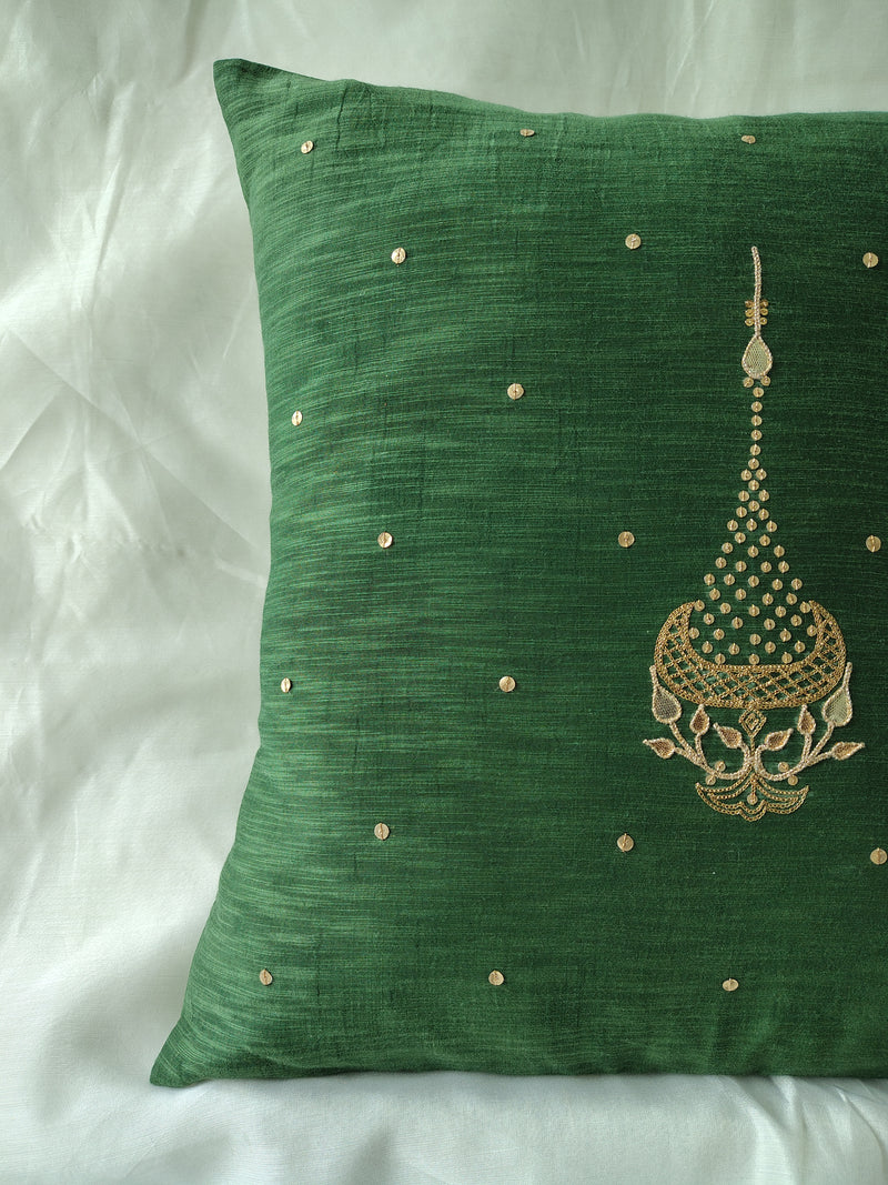 Green Gota Patti Hand Embroidery Cotton Silk Cushion Covers