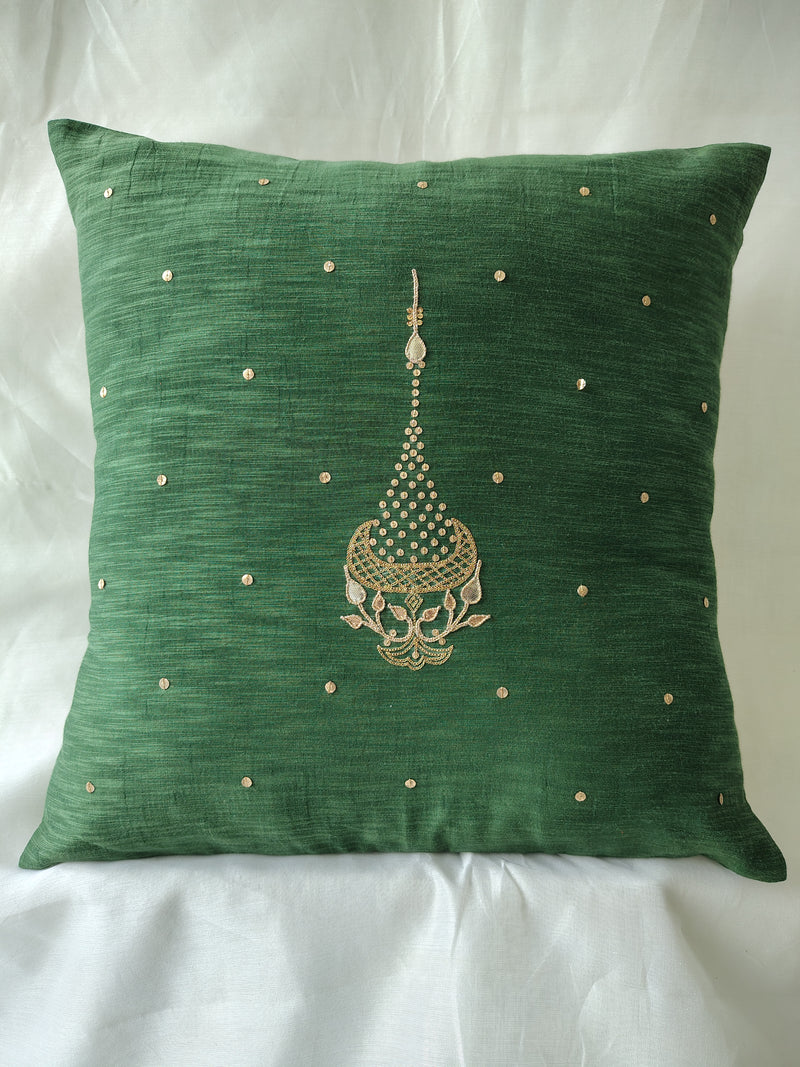 Green Gota Patti Hand Embroidery Cotton Silk Cushion Covers