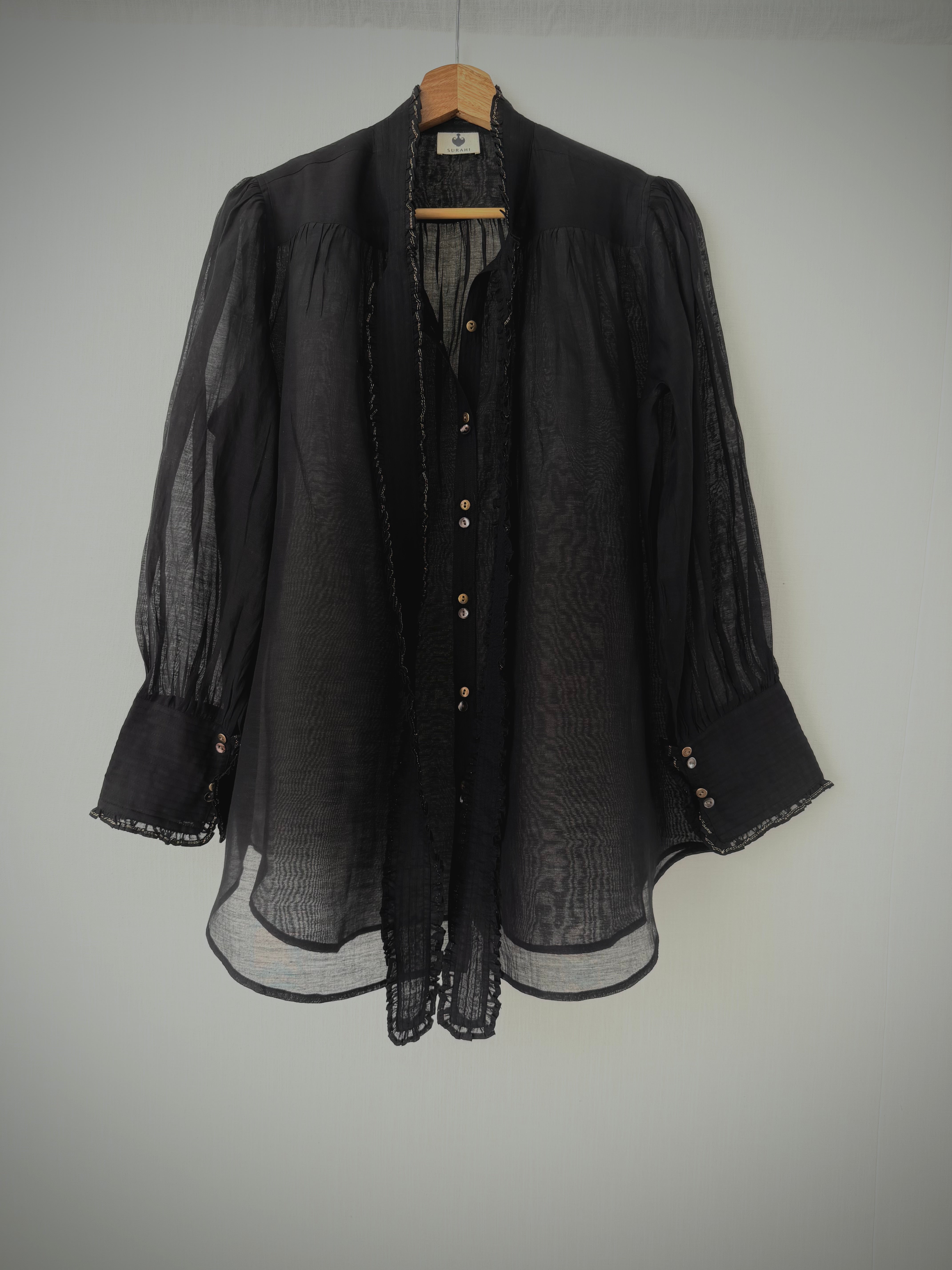 Victorian Frill Shirt with a Tie - Black Cotton Silk Sheer Blouse