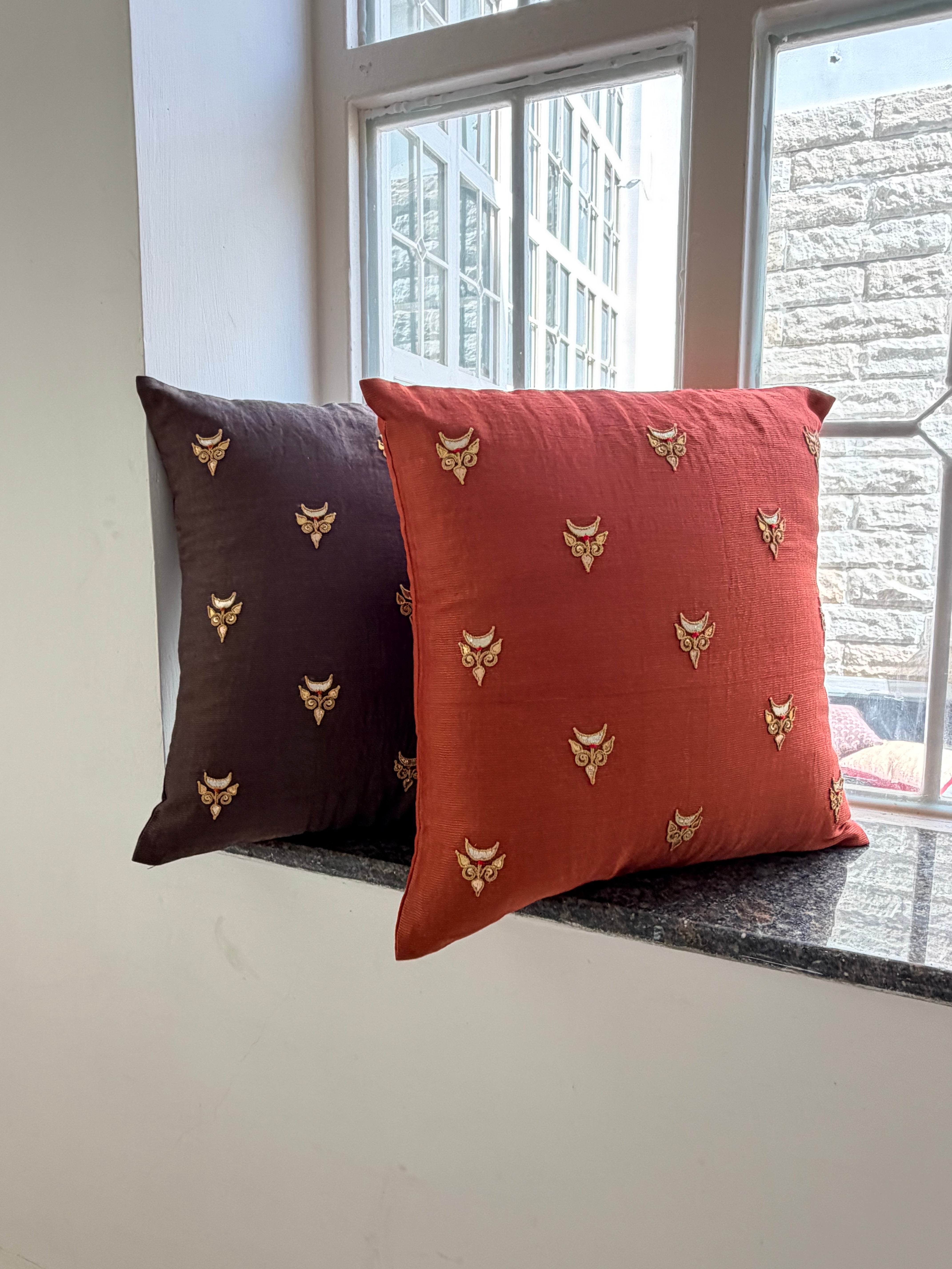 Rust tissue Hand Embroidered GotaPatti Cotton Silk Cushion Cover