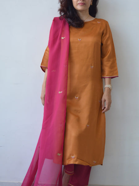 Rust Hand Embroidered Kurta Set with Dupatta