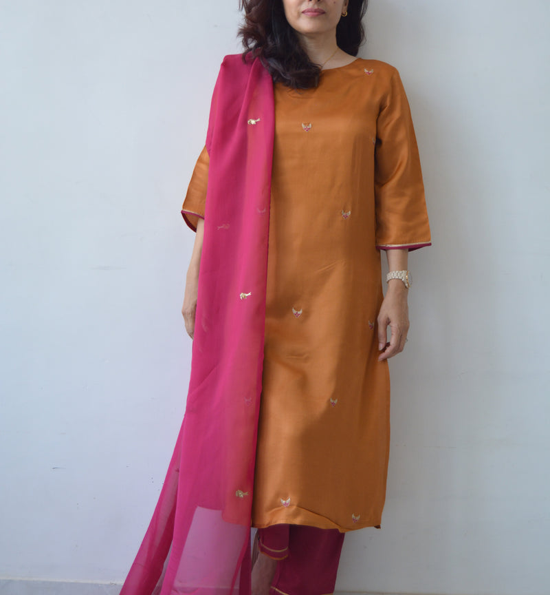 Rust Hand Embroidered Kurta Set with Dupatta