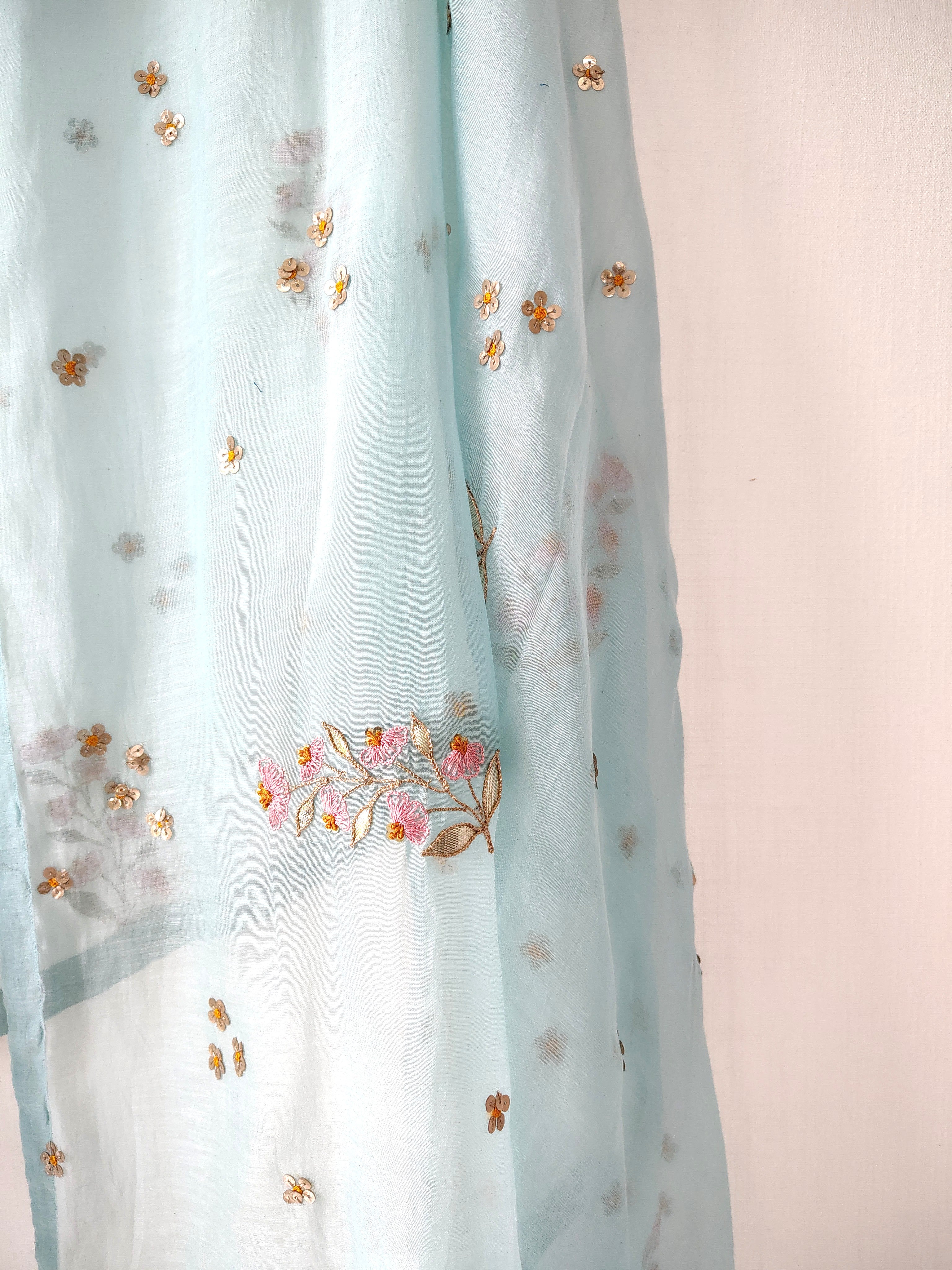 Turquoise Hand Embroidered Gota Patti Festive Dupatta