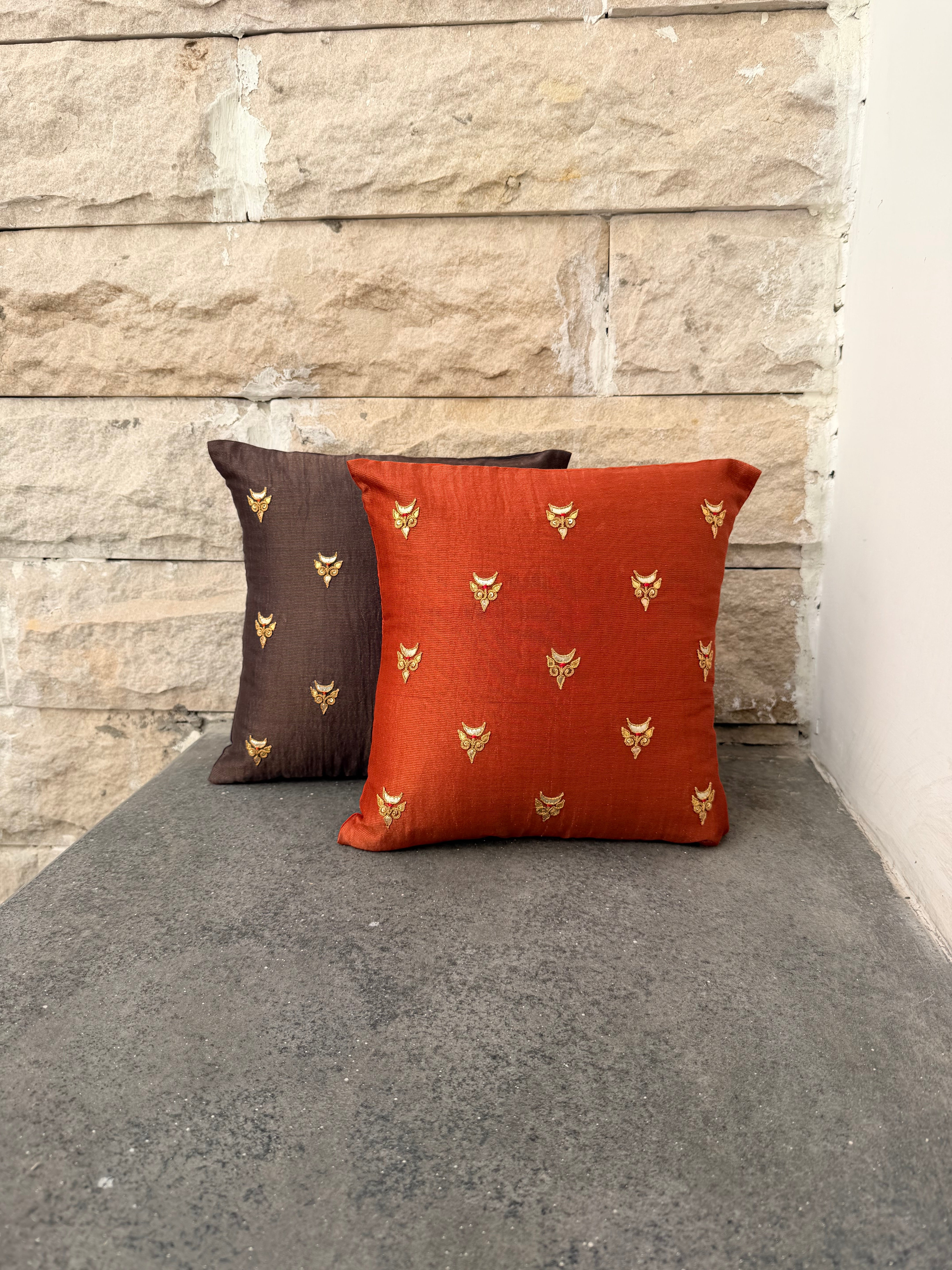 Rust tissue Hand Embroidered GotaPatti Cotton Silk Cushion Cover