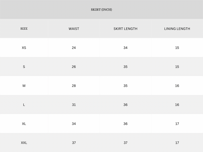 Garment Size Chart - Inches