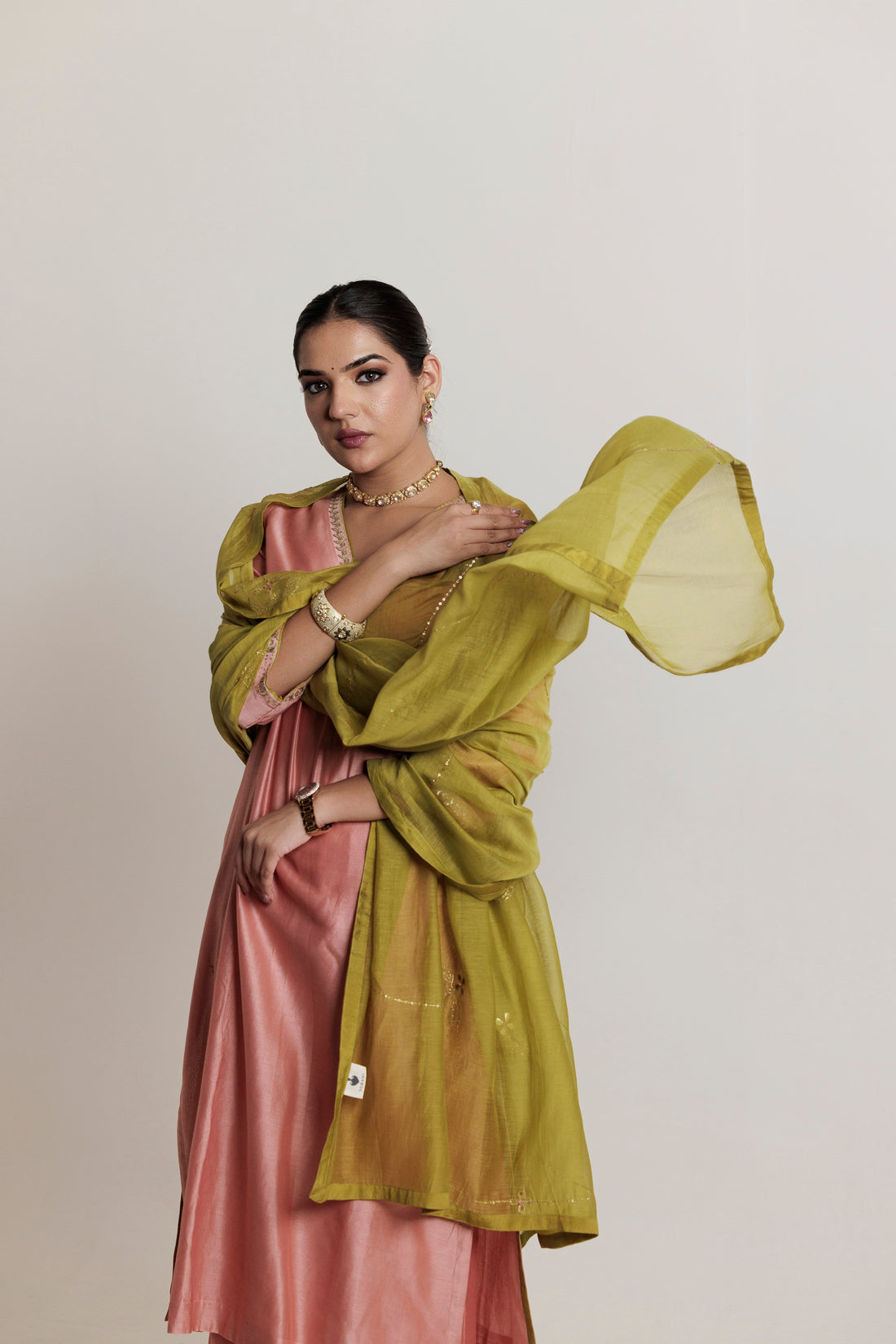 Peach Pink Embroidered Gota-Patti Chanderi Kurta Set