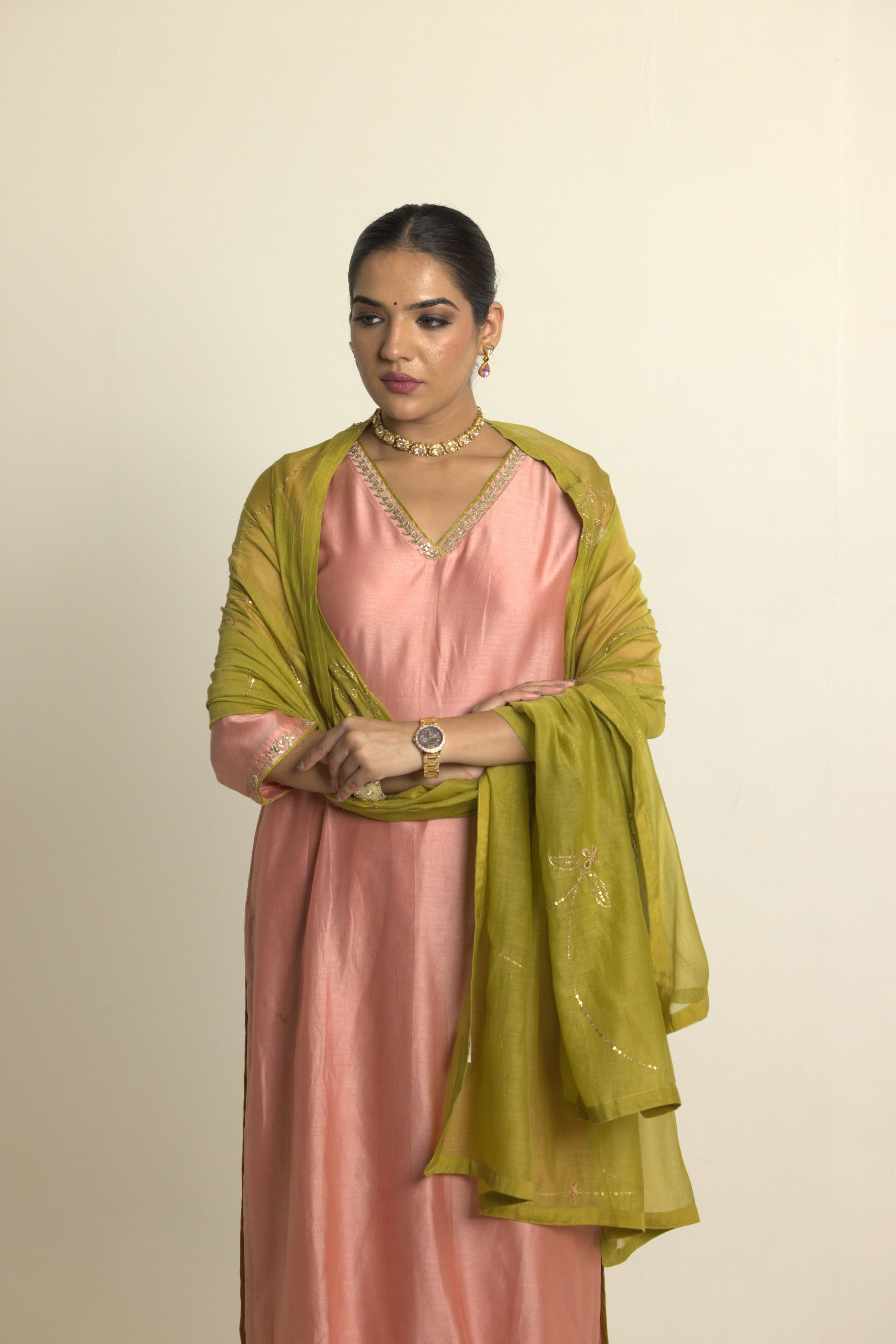 Peach Pink Embroidered Gota-Patti Chanderi Kurta Set