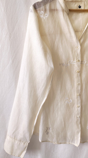 Natural White Hand Embroidered Floral Sheer Shirt