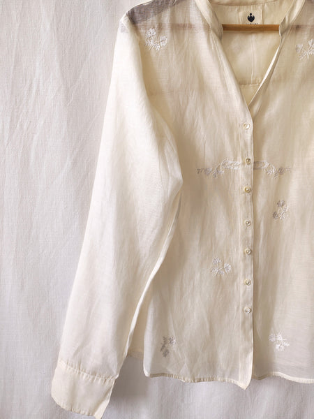 Natural White Hand Embroidered Floral Sheer Shirt