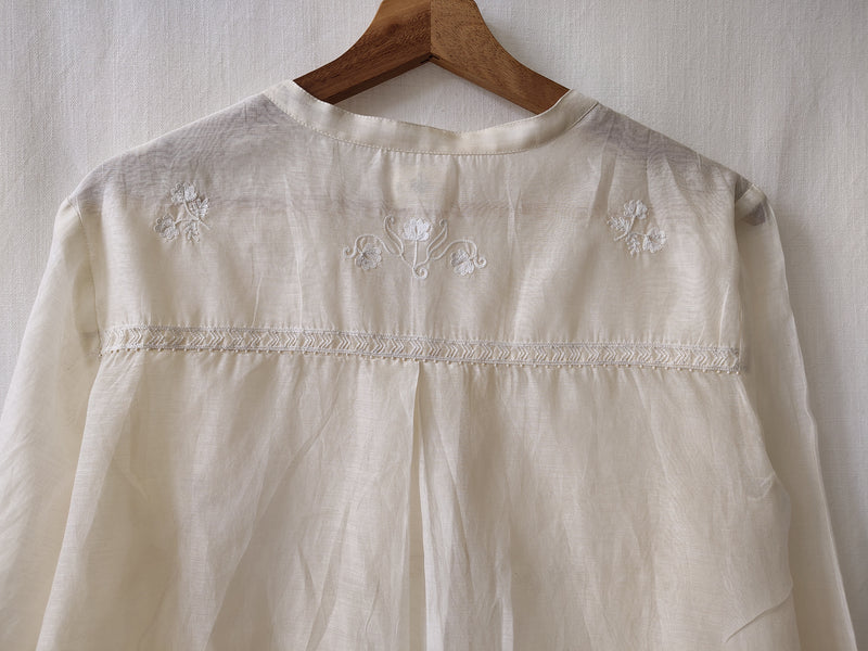 Natural White Hand Embroidered Floral Sheer Shirt